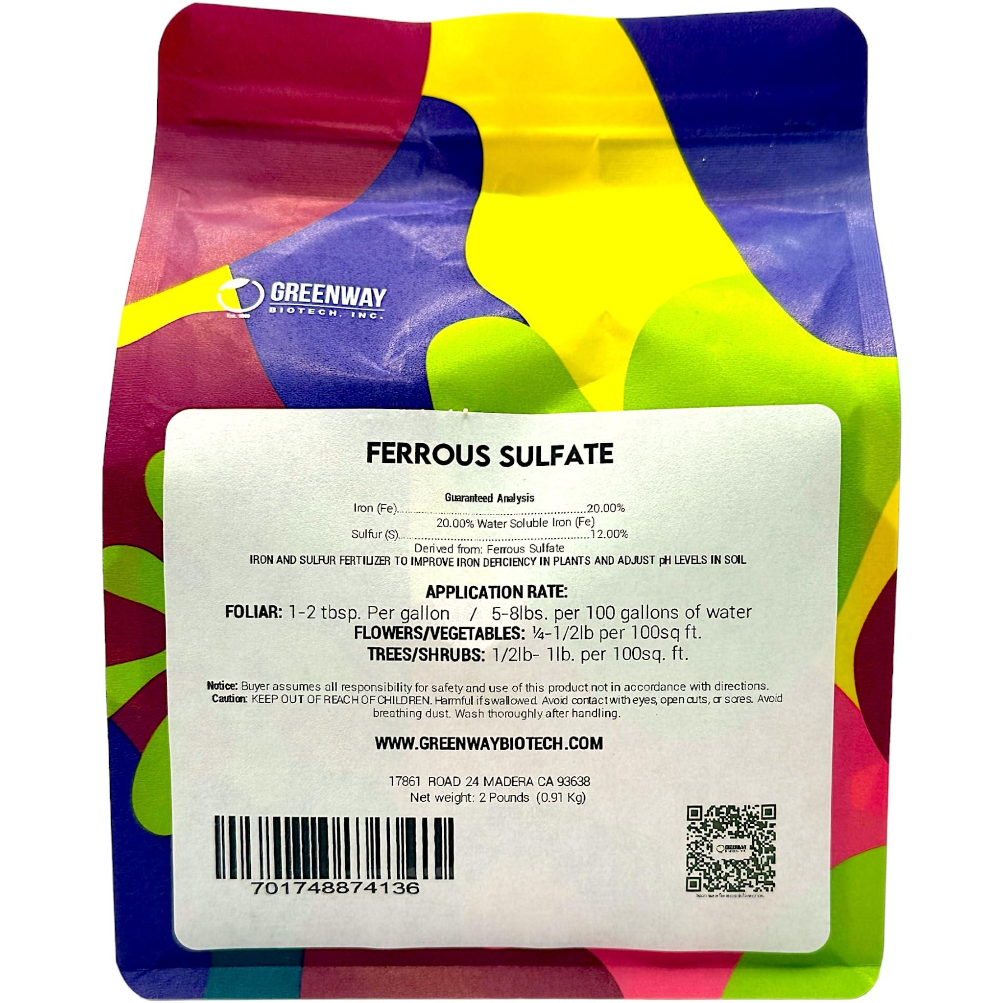 Greenway Biotech, Inc. Ferrous Sulfate Heptahydrate Fertilizer Includes 20% Iron (Fe) 12% Sulfur & 100% Water Soluble Powder- Organic Lawn Fertilizer for Vegetables and Plant Growth - 2 Pounds
