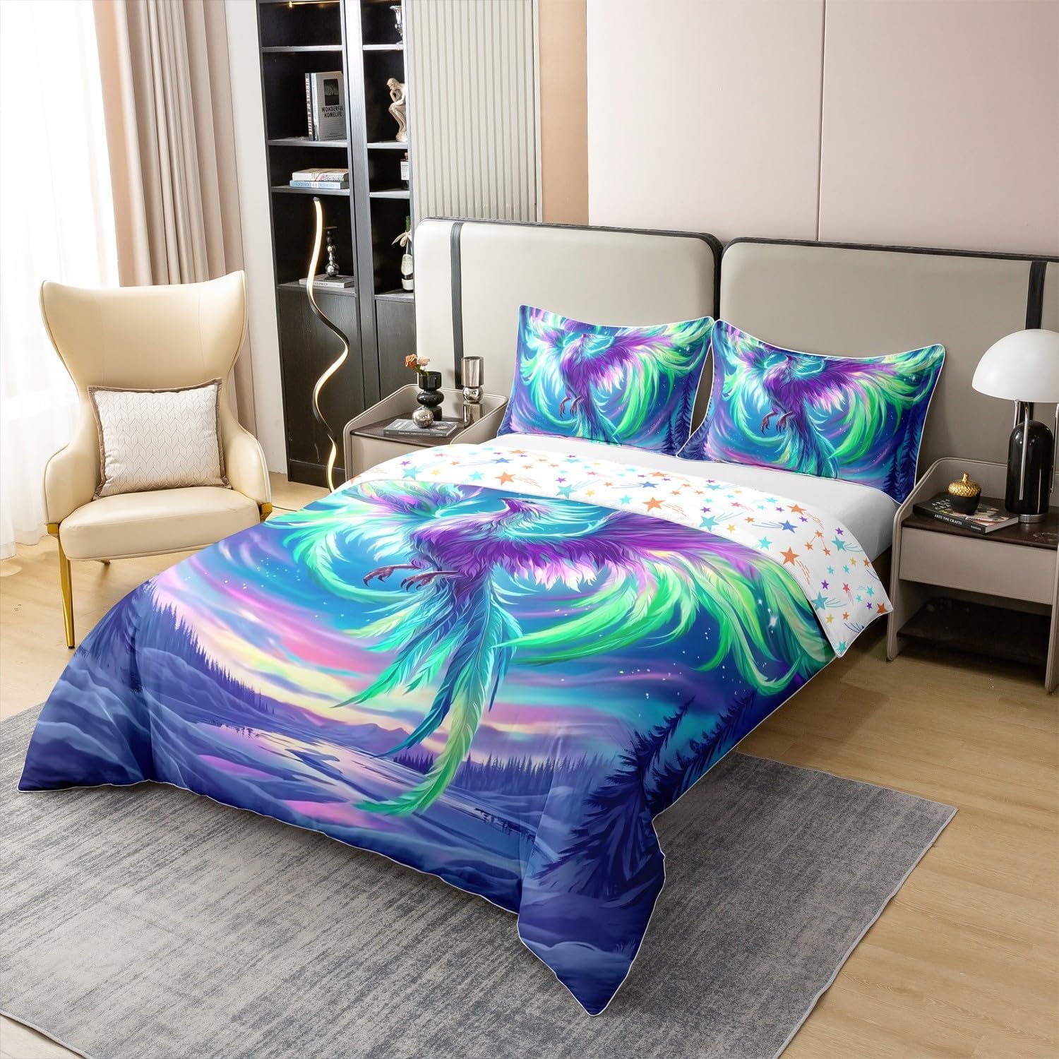 Phoenix Duvet Cover Twin Size for Kids Boys Teens,Mysterious Bird Colorful Feather 2 Pieces Duvet Cover,Watercolor Starry Sky Comforter Cover (Not Comforter),Exotic Wild Birds Quilt Cover