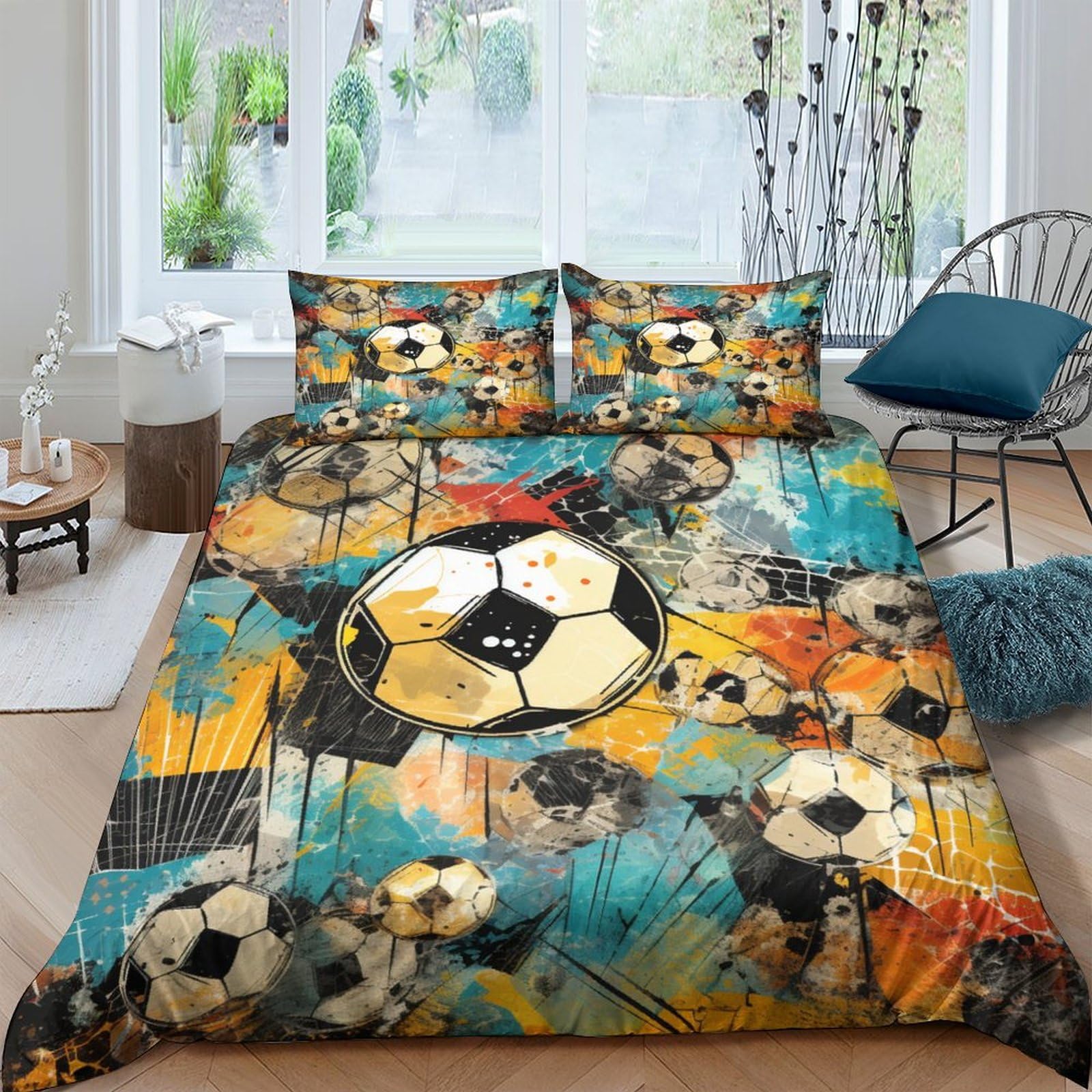 Housse de couette football king size parure de lit zippée anti-pli pour enfants et adultes