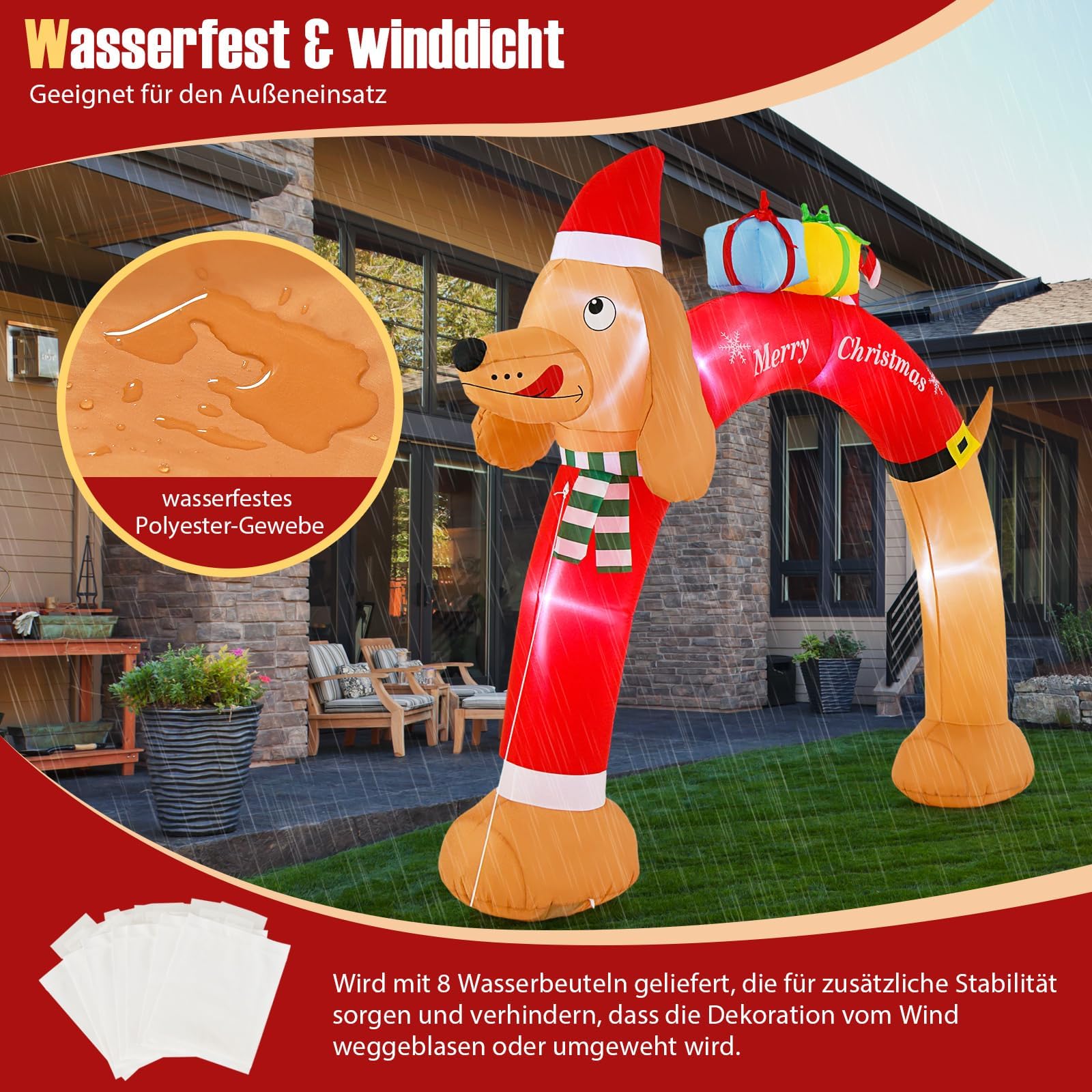 COSTWAY aufblasbarer Weihnachtsbogen Dackel, 242cm Weihnachtsdekoration mit LED & Tragetasche, Weihnachtsdeko groß Outdoor, Weihnachtsbeleuchtung für Garten, Hof, Terrasse, selbstaufblasend