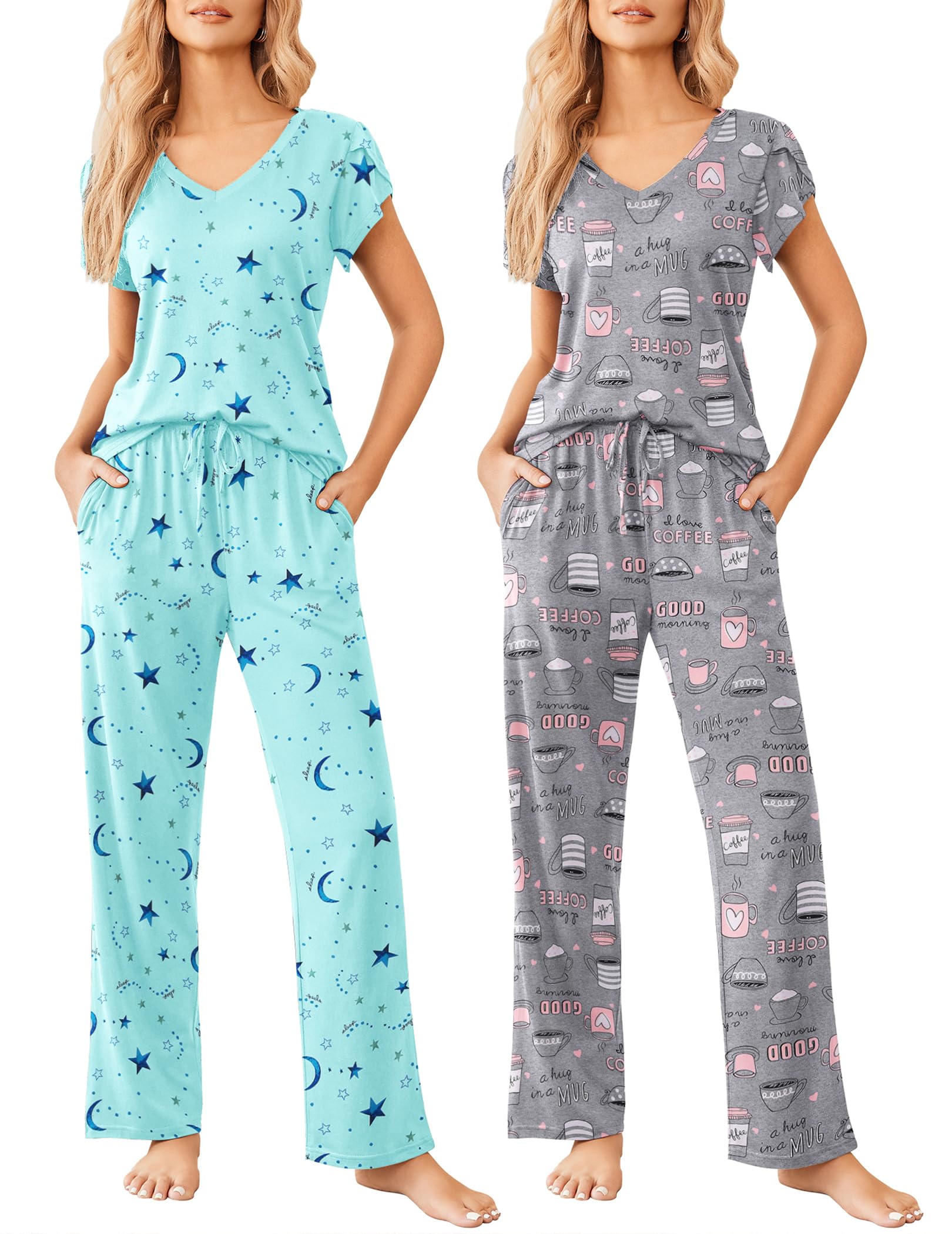 Ekouaer2 Pack Womens Pajamas Short Sleeve Sleepwear Top with Pants Super-Soft Printed Lounge Sets S-XXL