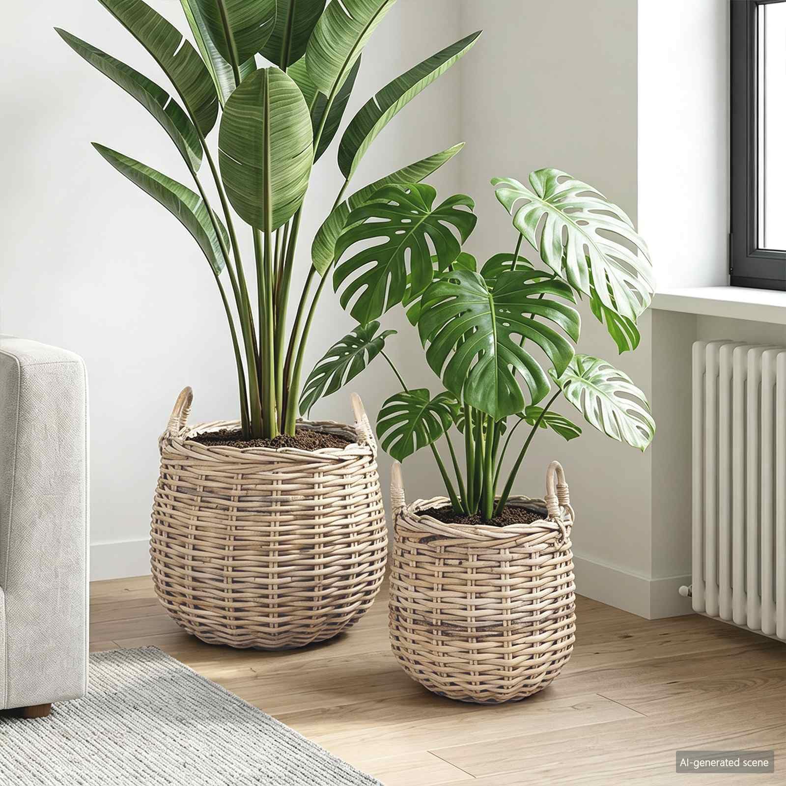 Macetero de mimbre Kubu, 2 unidades, color gris natural, con asas plegables, 40 x 40 x 47 cm y 30 x 40 cm, para interior y exterior, almacenamiento y decoración