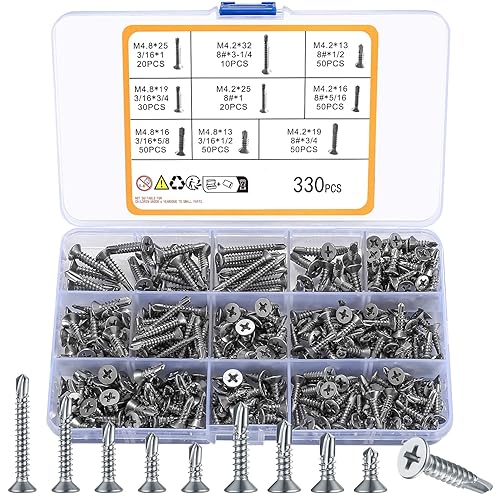 330 tornillos autoperforantes de cabeza Phillips de acero inoxidable, tornillos autorroscantes de cabeza plana, kit surtido de tornillos Tek de