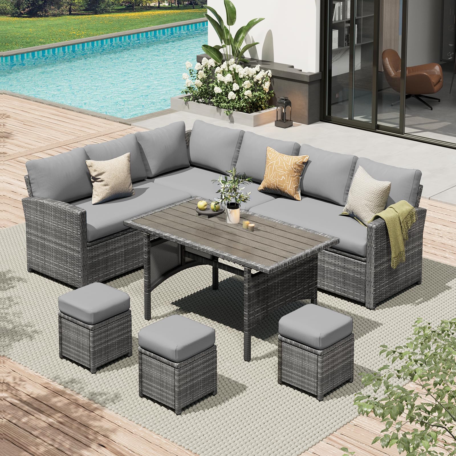 AECOJOY Patio Furniture Set, 7 Pieces Outdoor Patio Furniture with Dining Table&Chair, All Weather Wicker Conversation Set with Ottoman, Grey Rattan&