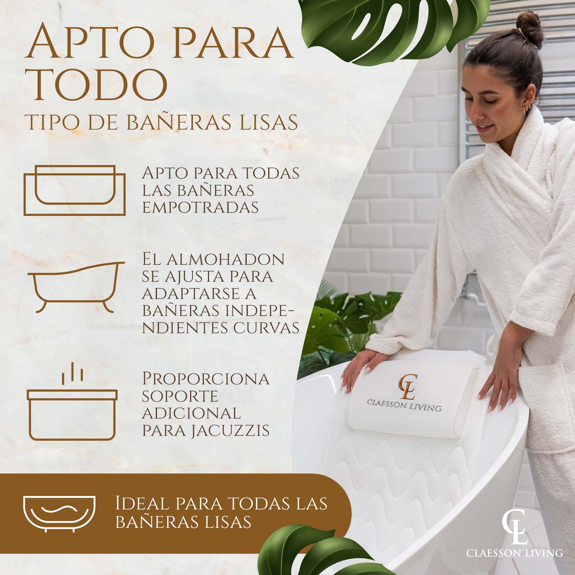Cojin bañera (125x43cm) - Almohada bañera con apoyacabezas y Soportes para el Cuello, Espalda y piernas – Incluye: Bath Pillow, Bolsas de Lavado y de Viaje, Ganchos para Secado rápido sobre Blanco