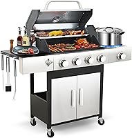 cookit 49,000 BTU Propane Gas Grill with 4 Burners, Side Burner, Cast Iron Grates & Griddle - Stainless Steel Lid for Epic Backyard BBQs
