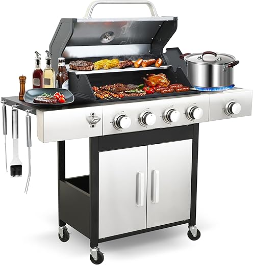 49000 BTU Output Propane Gas Grill with Side Burner and 4 Main Burners - Double-layer Stainless Steel Lid, Cast Iron Grids and Plate, Easy-Clean Grease Management for Perfect BBQs
