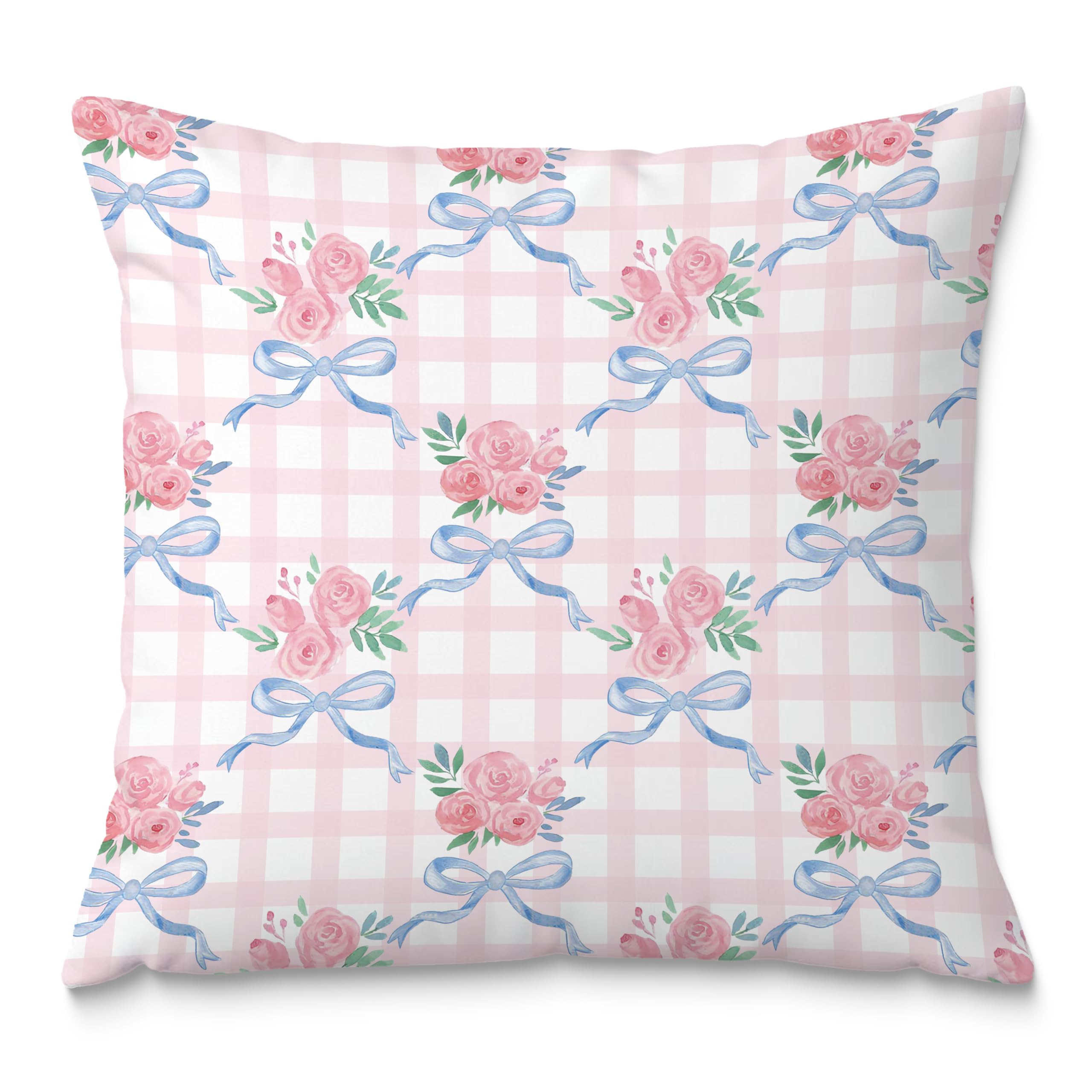 Fuasei Coquette Blue Pink Rose Floral Bow Pillow Covers - 18x18 Girly Bedroom Decor Preppy Room Decor Coquette