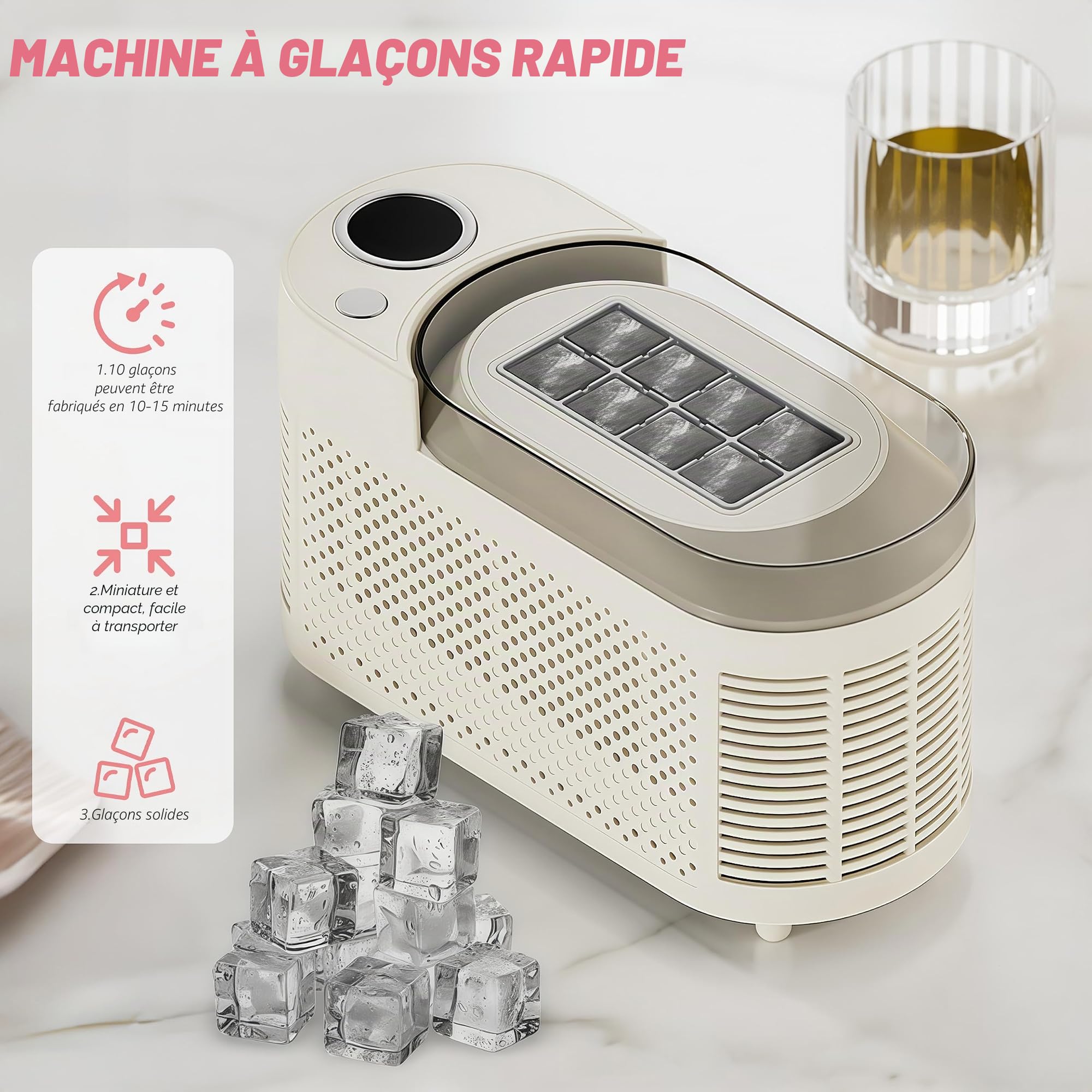 Machine à glaçons, portable de comptoir, mini appareil automatique à glaçons cubiques pour maison, dortoir, bureau, camping et voyage automobile（8 glace）
