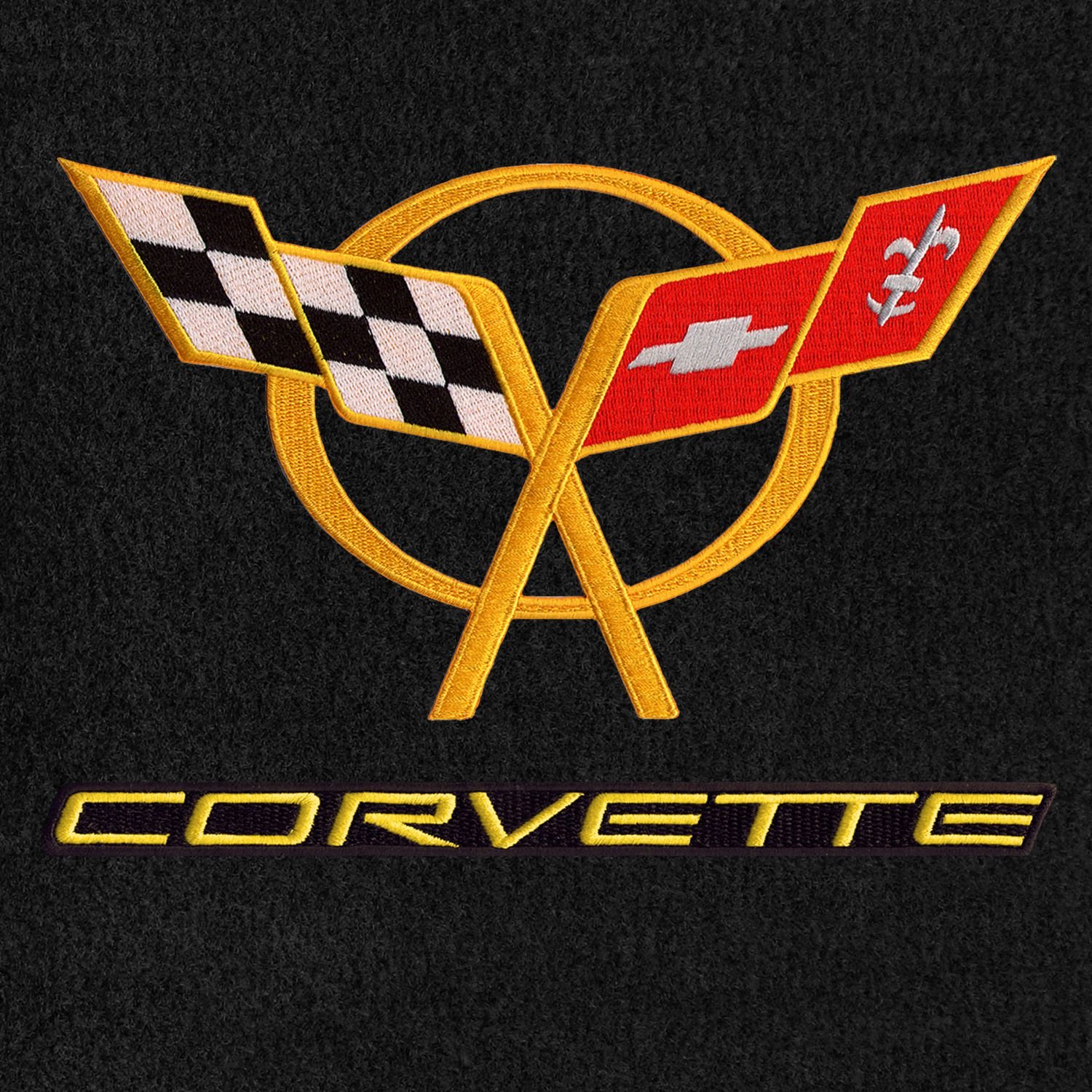 Lloyd MatsVelourtex Black Front Floor Mats for Corvette 1997-04 with Yellow C5 Flags and Corvette Lettering on Black Applique