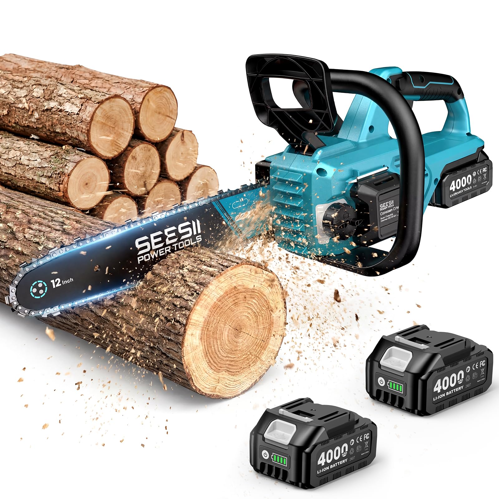 SEESII Battery Chainsaw Cordless 12-inch with 2×4000mAh Batteries
