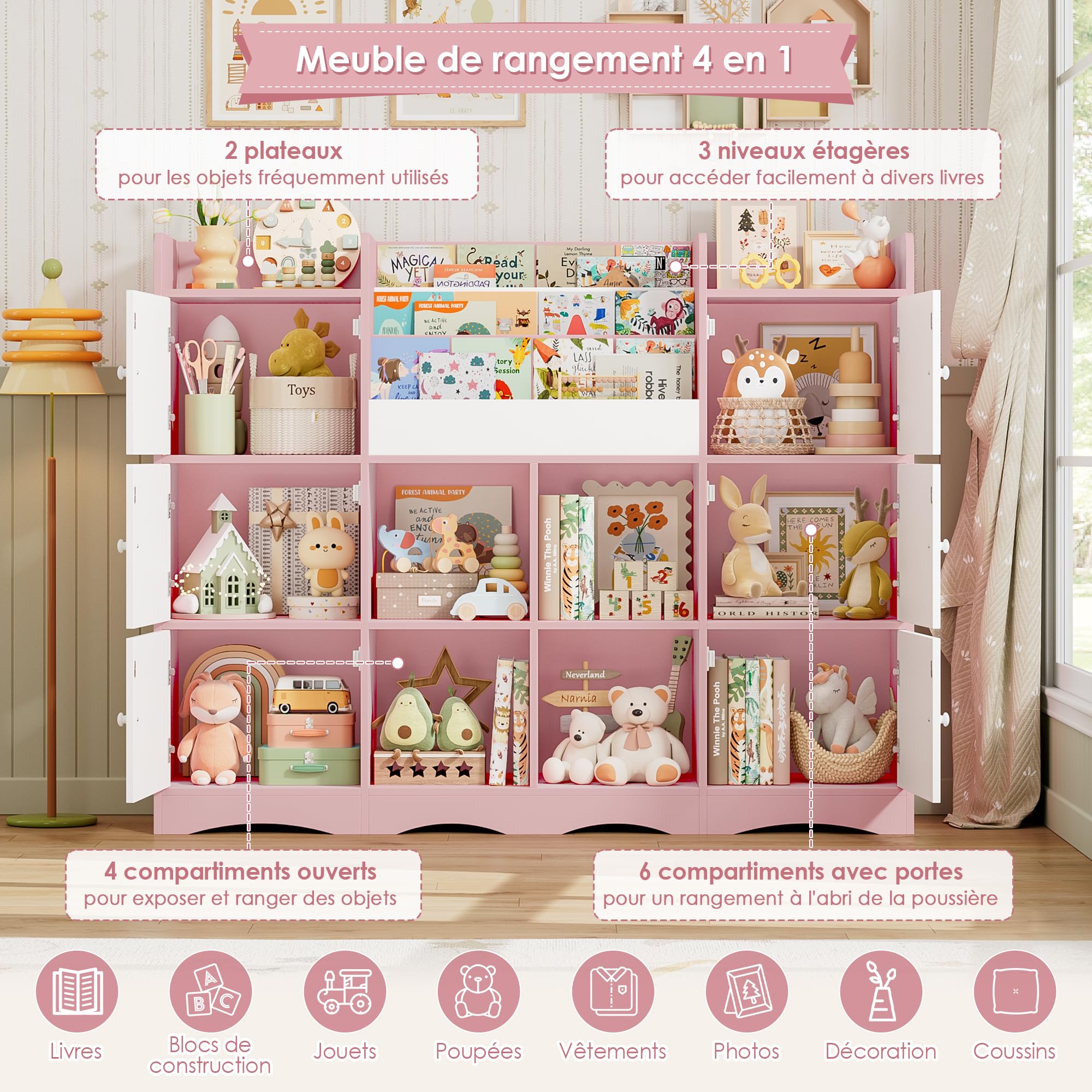 FOREHILL Meuble Rangement Enfant Bibliothèque Enfant avec 6 Portes 15 Étagères de Rangement Jouet Enfants pour Chambre Salle de Jeu 140x30x106 cm Rose