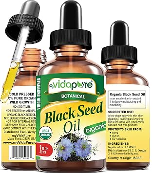 Organic BLACK SEED OIL Certified Organic 100% Natural Pure VIRGIN UNREFINED Undiluted Cold Pressed Carrier Oil for Face, Skin, Hair, Lip Care 1 Fl Oz