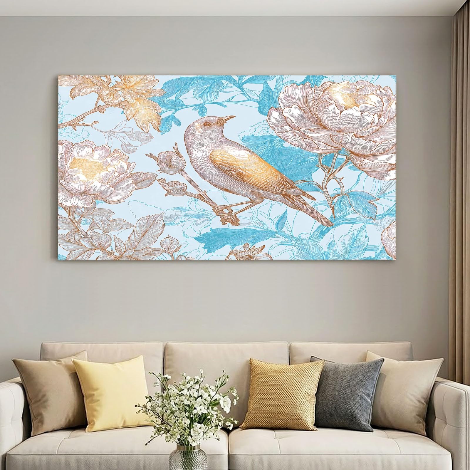 Obraz ścienny z ramą 120 x 80 cm, orientalny chiński, obraz na płótnie do salonu, sypialni, kuchni, biura - niebieskie kwiaty, ptak, gałęzie, liście, dekoracja ścienna