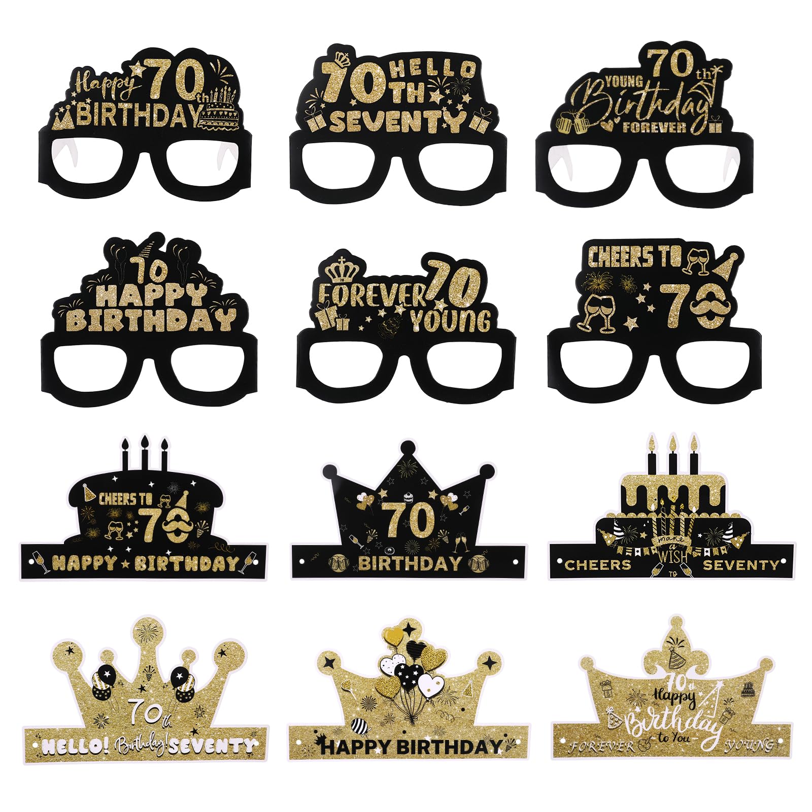 Jeoyiqau Women's 70 12Pcs Th Birthday Glasses Hats, Birthday Paper Glasses Decoration, Funny Photo Booth Props Birthday Party Decorations For Men Memorable Celebrations