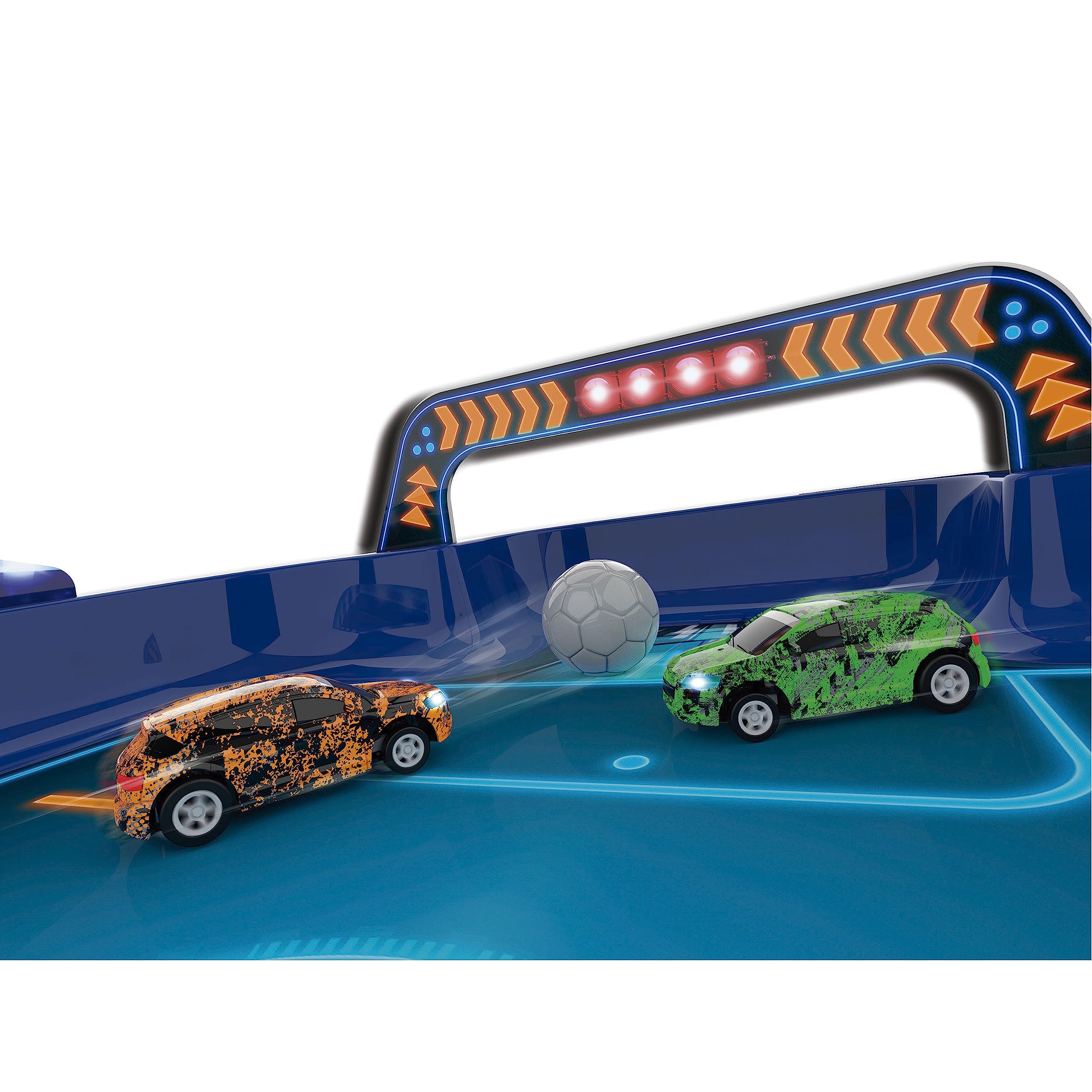 Ninco - Goalcars Supercup | Samochód zdalnie sterowany dla dzieci | Hybrydowy łączący jazdę radiowo i techniki piłki nożnej, 2 pojazdy w skali 1/64 wyposażone w światła (NH93181)