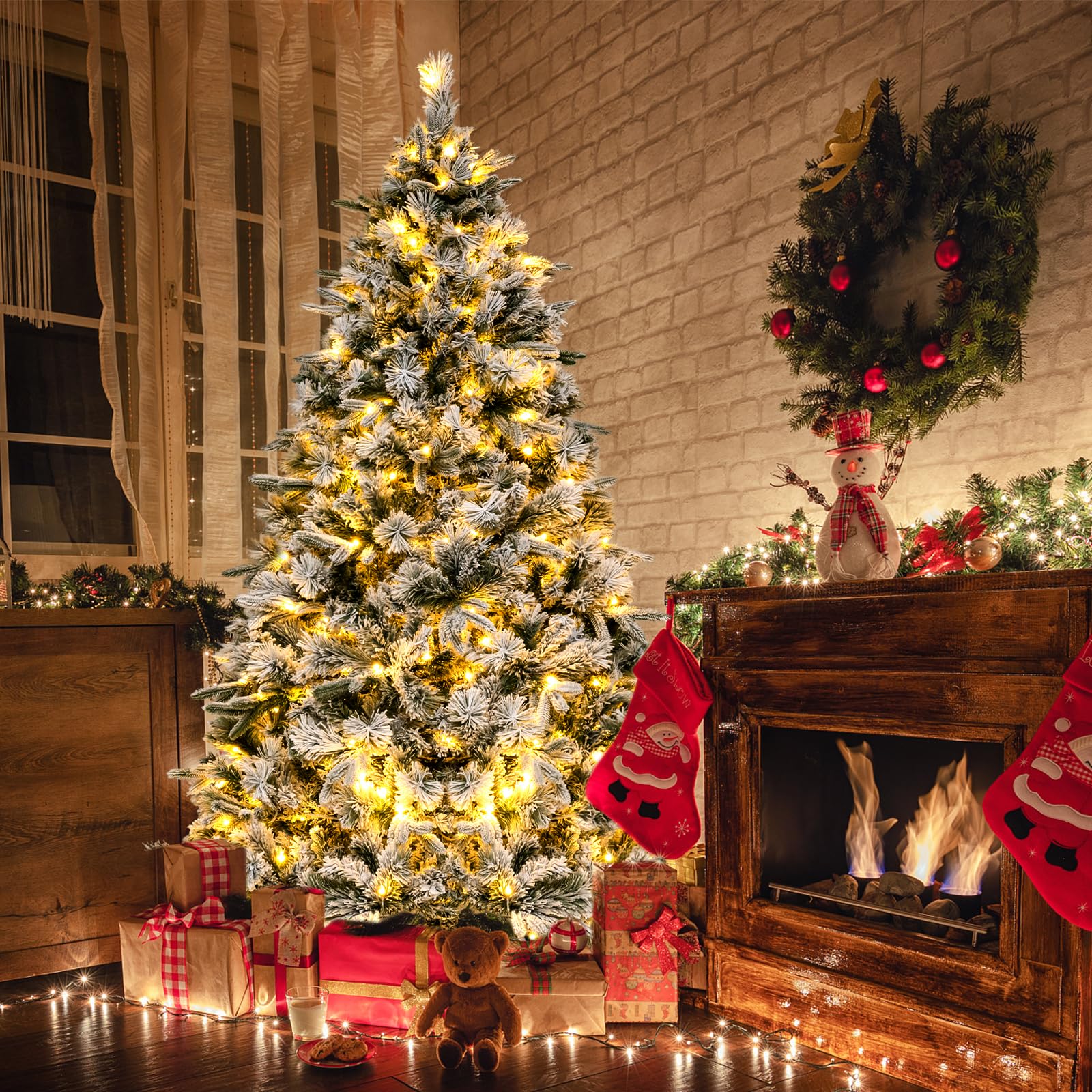 COSTWAY Arbol de Navidad Nevado con Luces 186cm, Arbol de Navidad con Luces Incorporadas, 250 Luces Blancas Cálidas, 752 Ramas PE y PVC, Agujas de Pino, Arvore de Natal Hogar Oficina Tienda