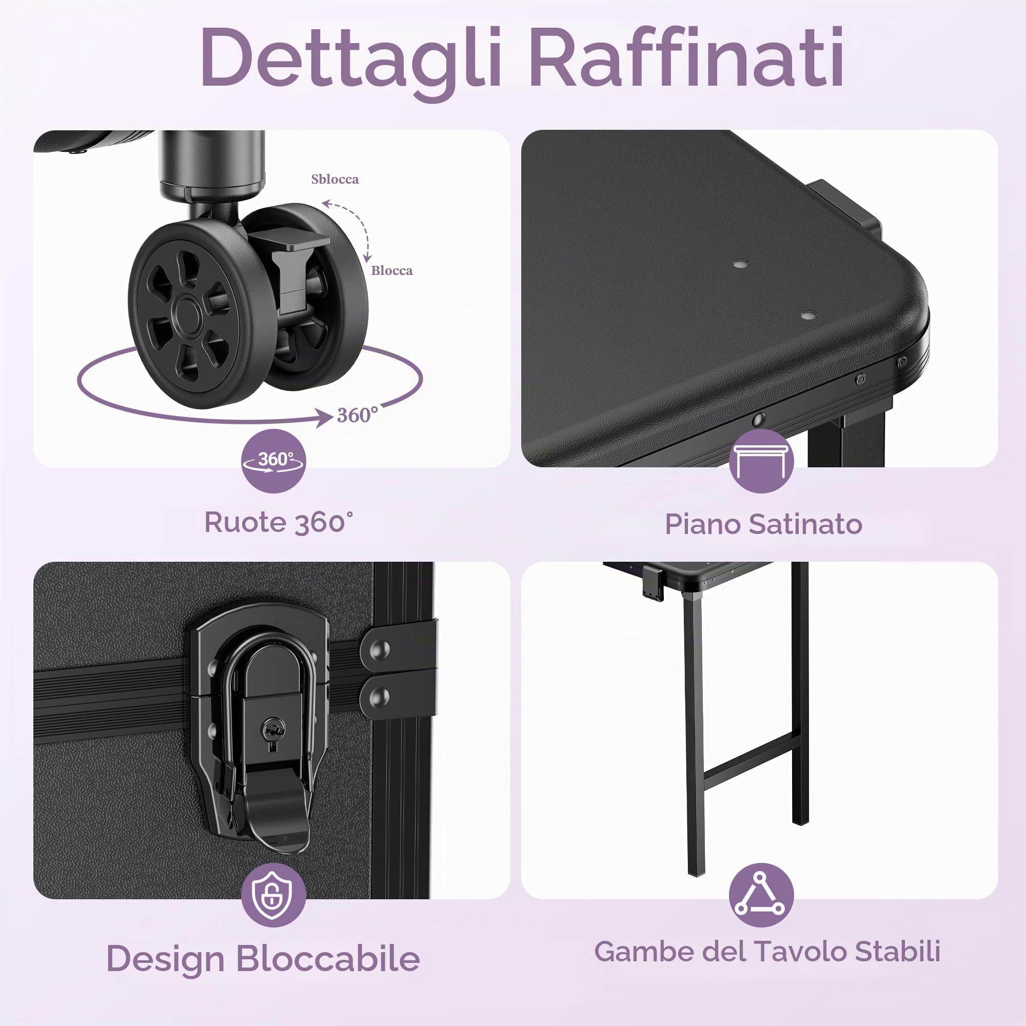 Tavolo da Manicure Portatile con Rotelle, 3 Cassetti, Specchio LED e Organizer, Trousse da Viaggio con Chiusura a Chiave per Postazione di Lavoro, Tecnico Delle Unghie, Nero