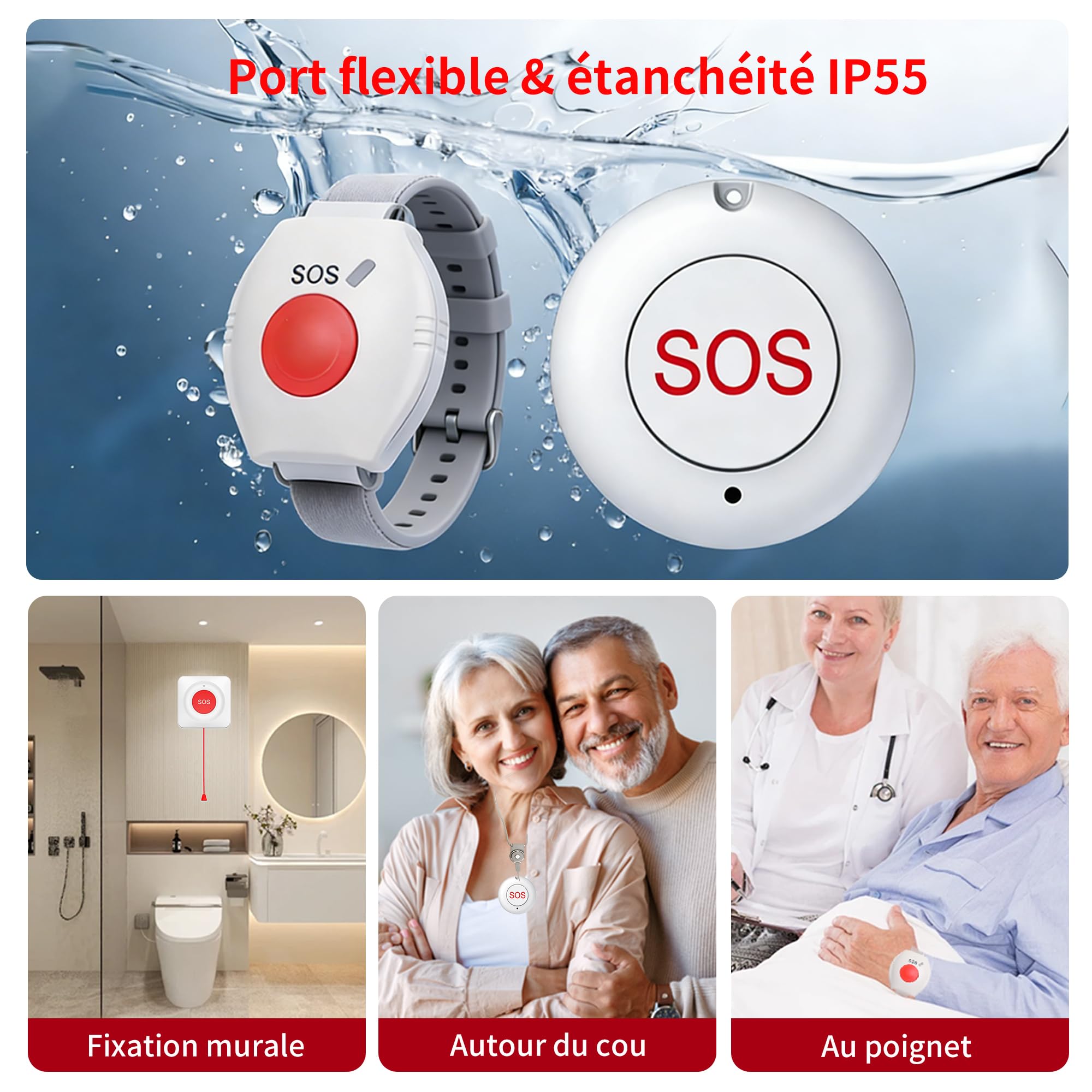 XUK Bracelet Alarme Personne Agee WiFi, Système d'Alerte Intelligent Compatible Tuya, Smart Life et Alexa – Bouton d’Urgence Étanche sans Fil 200 m avec Récepteur, Volume Réglable (Pack de 4 produits)