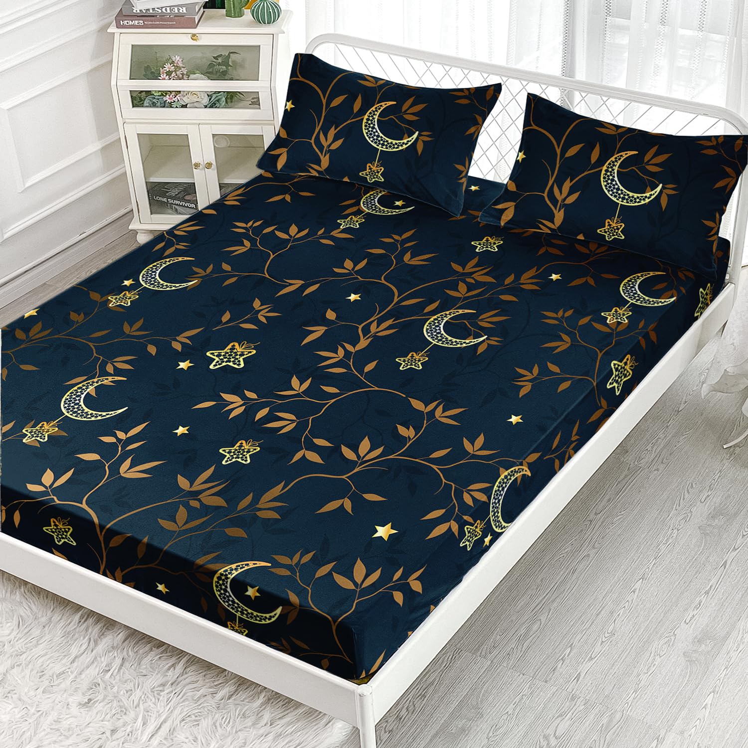 AILONEN Moon Fitted Sheet Queen Size - Gold Crescent Moon Bed Sheet 3 Pieces Set - Branch Leaves Bedding Set for Boys Girls Adults - Breathable & Soft Fitted Sheet and 2 Pillowcases