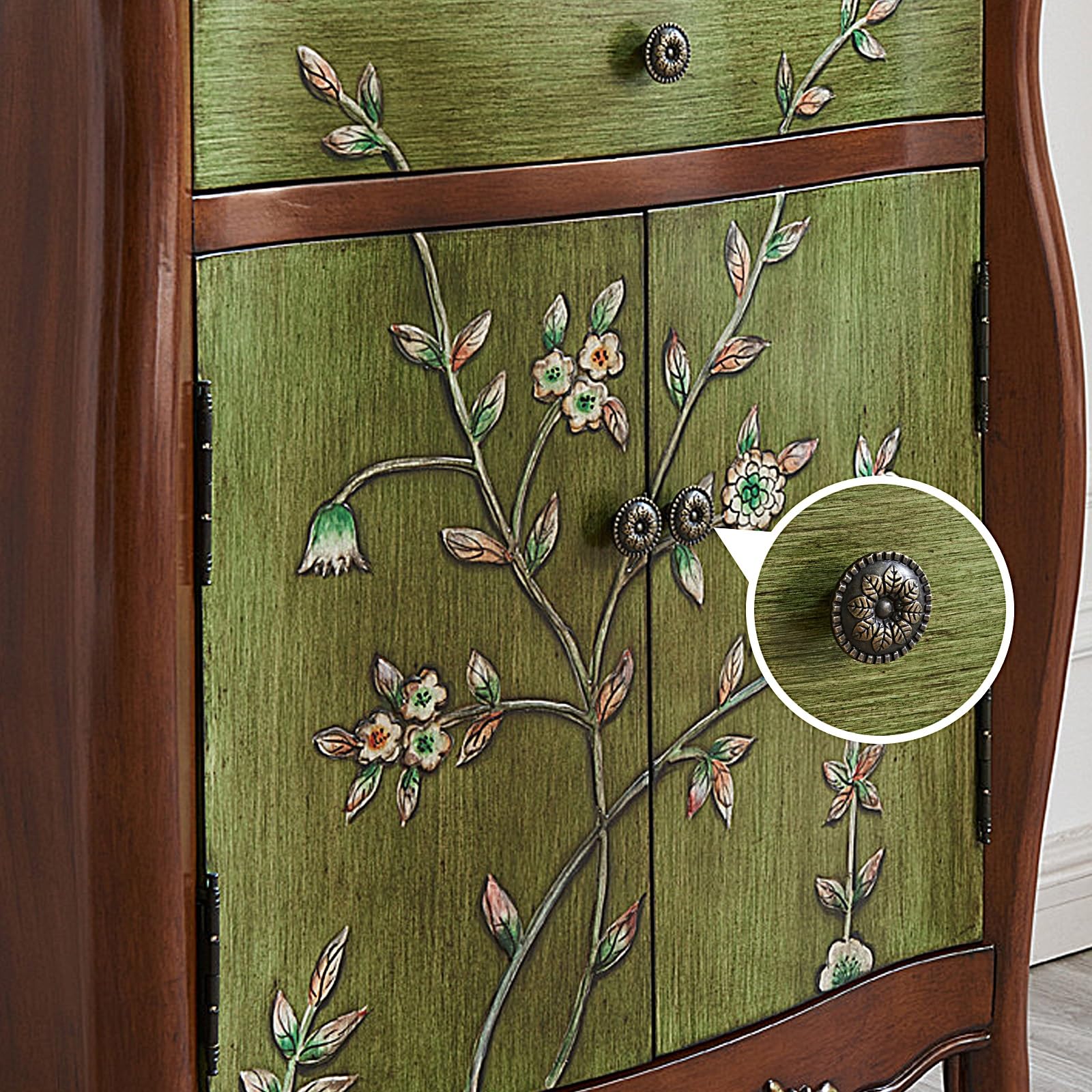 Szafka na Biżuterię z 1 Szufladą i 2 Drzwiami Drewniana Szafka Boczna Szafki do Sypialni Meble Malowane w Stylu Retro (Orzech i Zieleń, 66 * 33 * 77.5cm)