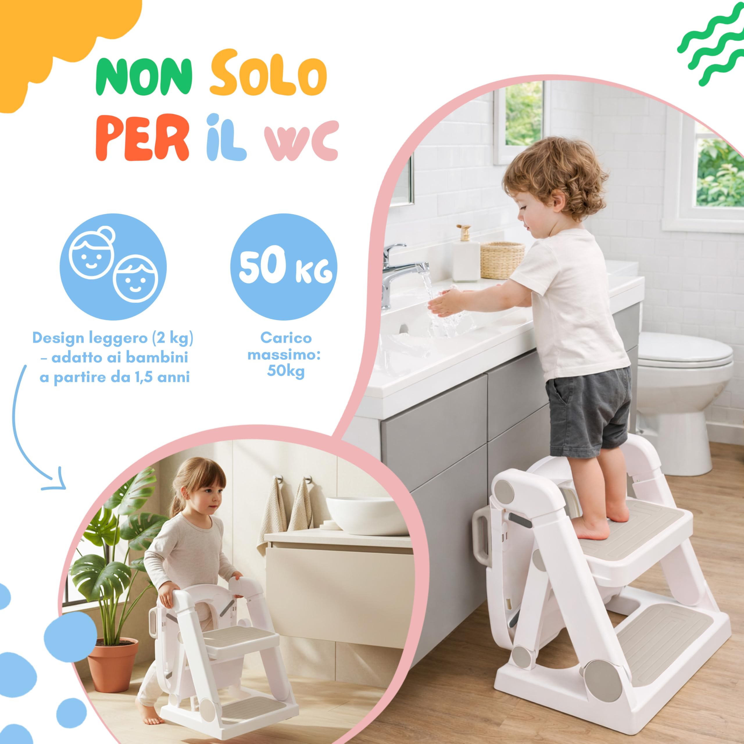 Riduttore WC Bambini con Scaletta Beige Dai 18 Mesi - Adattatore WC per Bambini Pieghevole, Maschietti e Femminucce - Regolazione Continua in Altezza - Completamente Ripiegabile