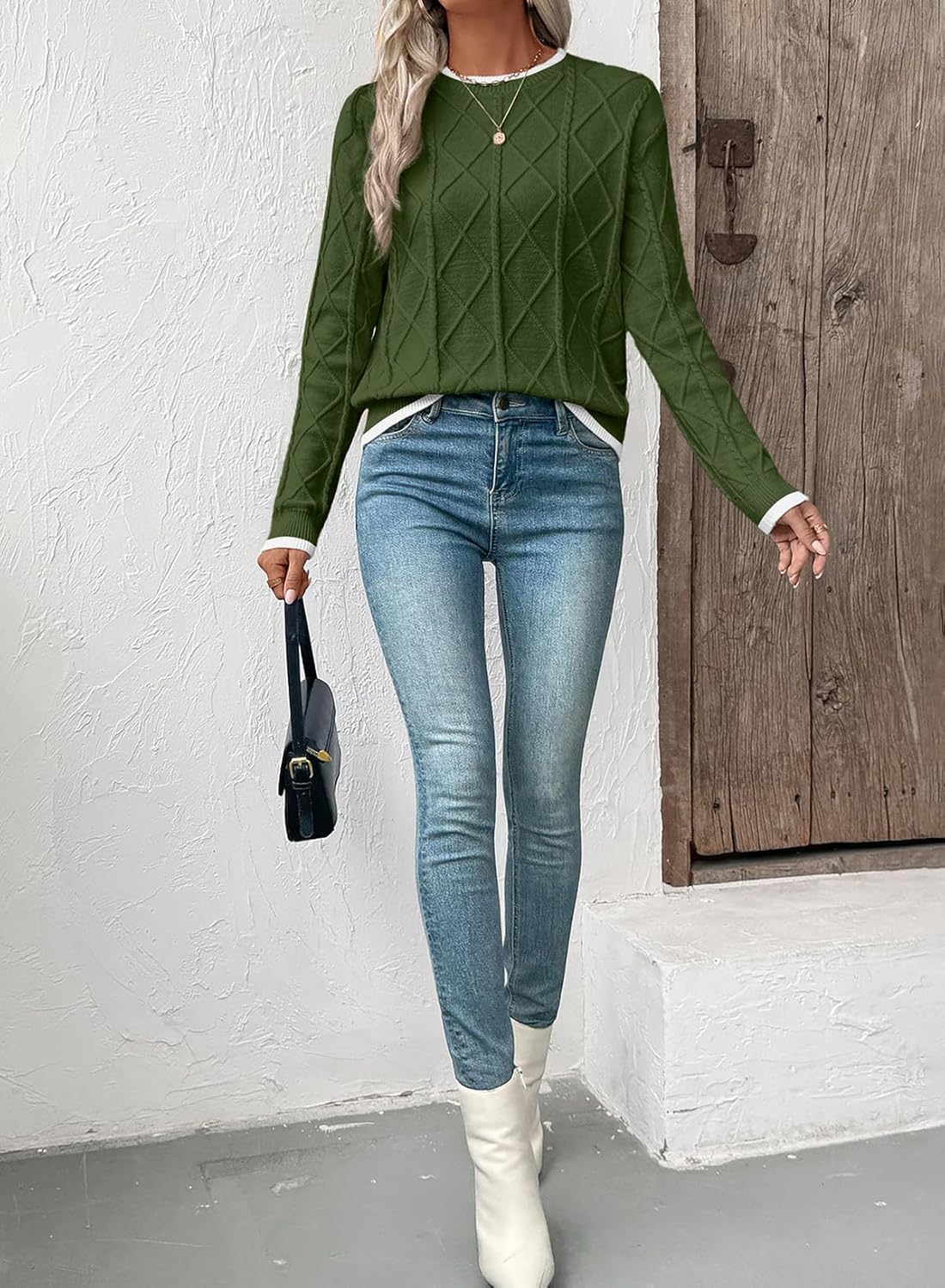 EVALESS Womens Sweaters Long Sleeve Crewneck Color Block Pullover Tops 2025 Fall Trendy Cable Knit Sweater - Image 5