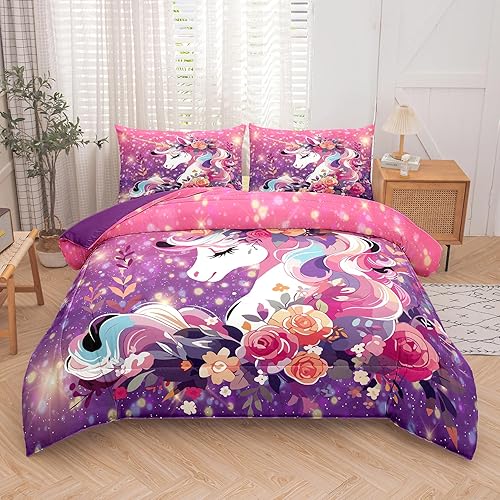 Miniatura 2 de Tailor Shop Juego de ropa de cama de unicornio para niñas, juego de edredón de unicornio rosa y morado, juego de ropa de cama Queen Galaxy para