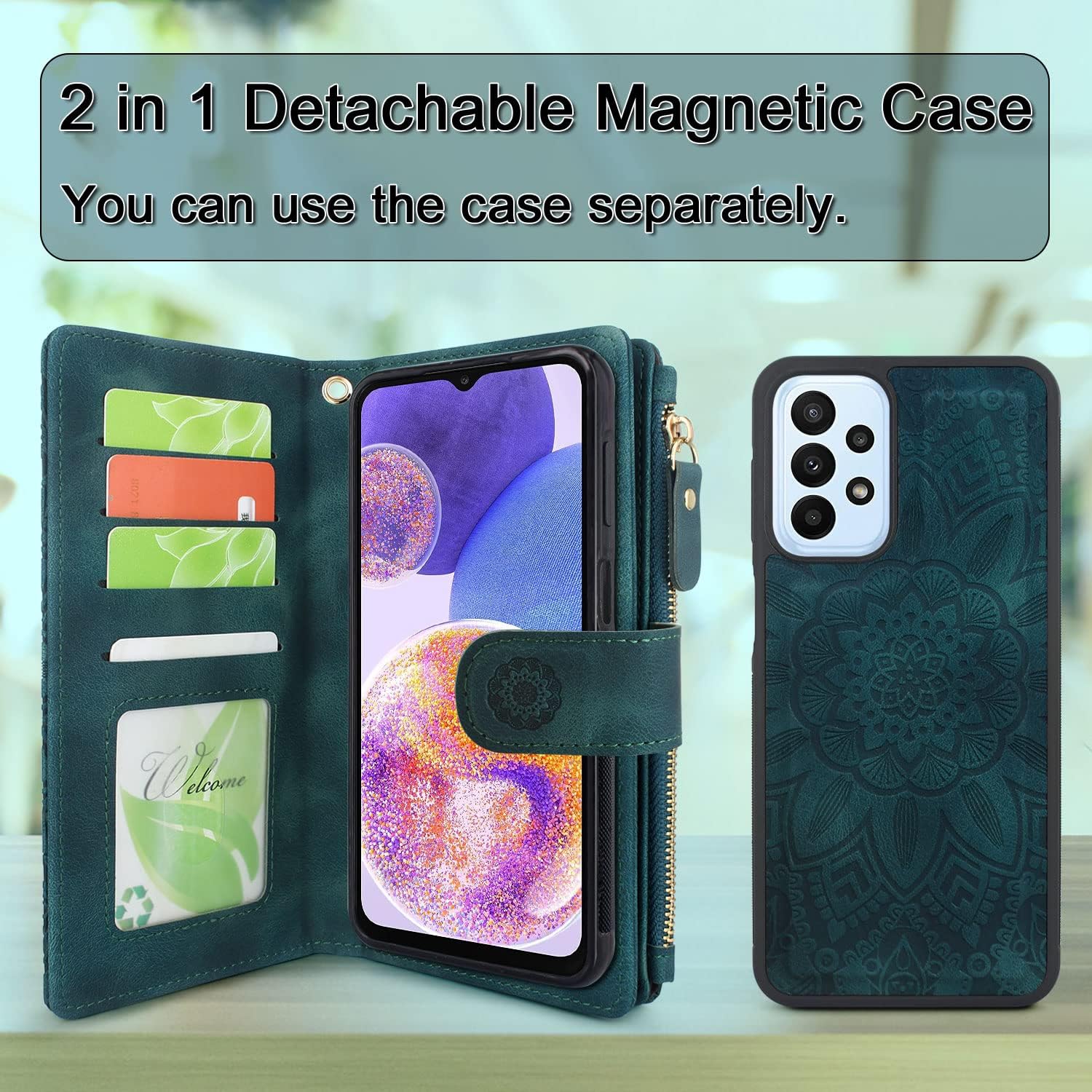Harryshell Compatible with Samsung Galaxy A23 4G / 5G Wallet Case with Detachable Magnetic Phone Cover Zipper Cash Pocket Multi Card Slots Holder Wrist Strap Lanyard (Floral Teal)