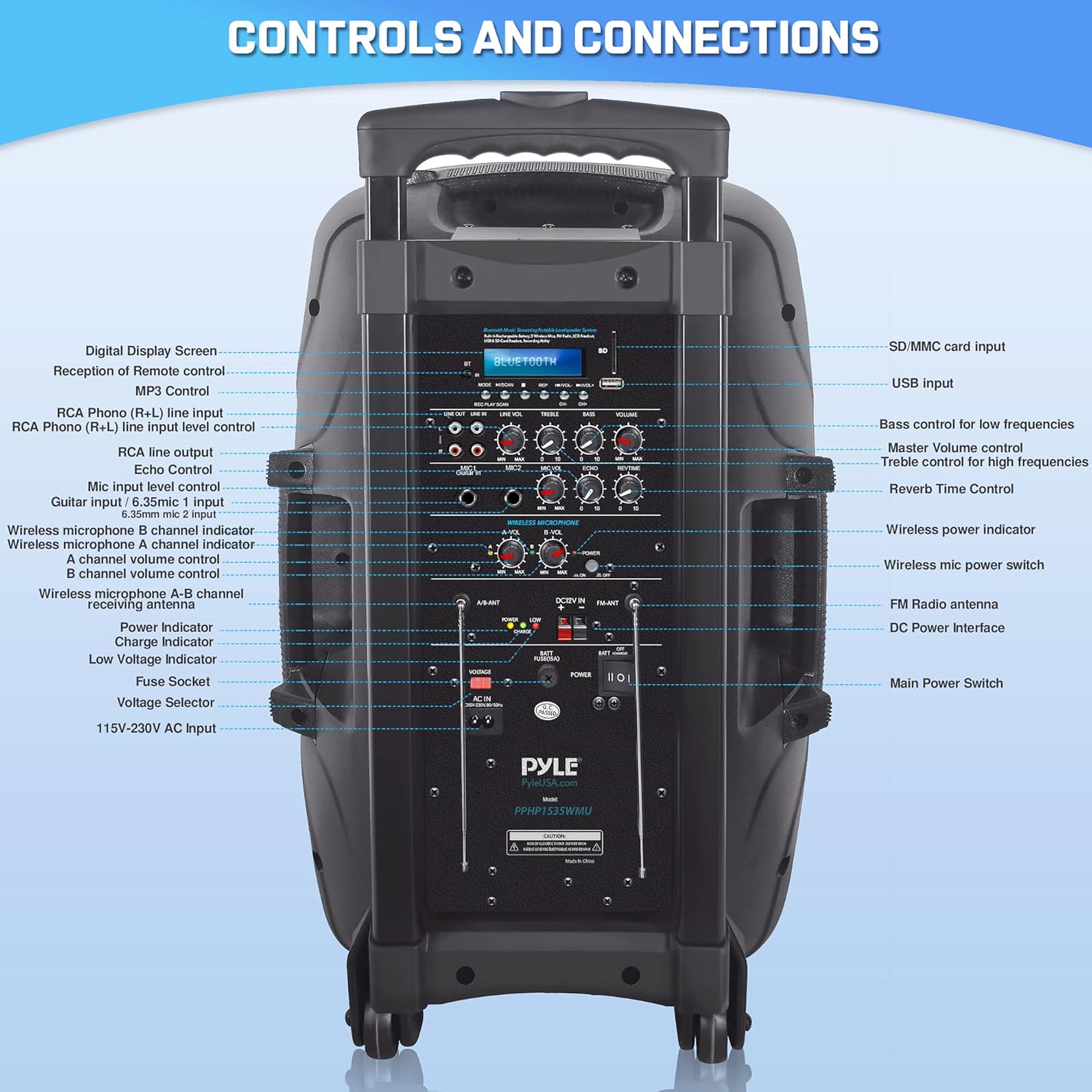 Pyle 1600 Watt Bluetooth PA Speaker with Tripod Stand Mount and Microphones