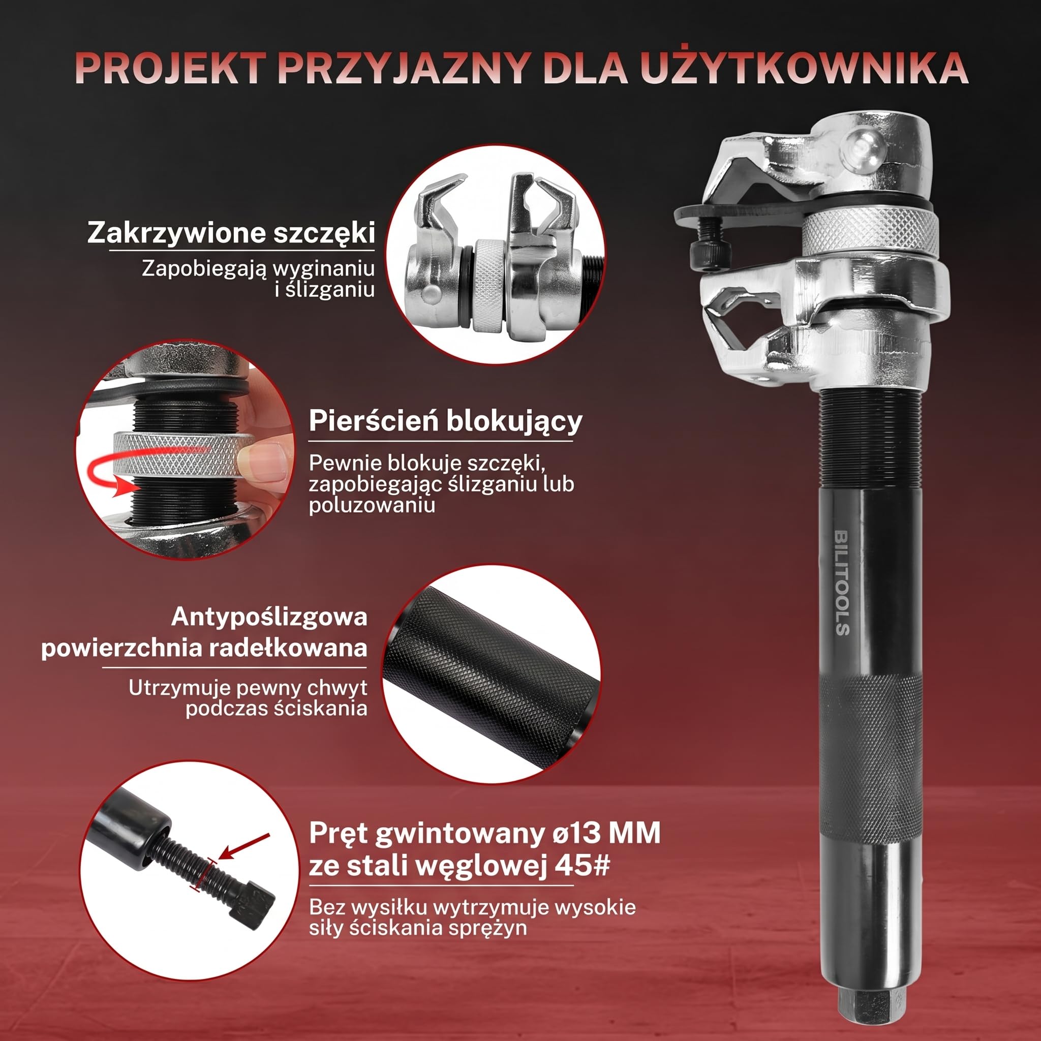 BILITOOLS Ściągacz do sprężyny amortyzatorów | 2-częściowy Wzmocniony Zestaw do Kolumn MacPhersona z Bezpiecznymi Szczękami i Uchwytem | Maks. Obciążenie 1200 kg