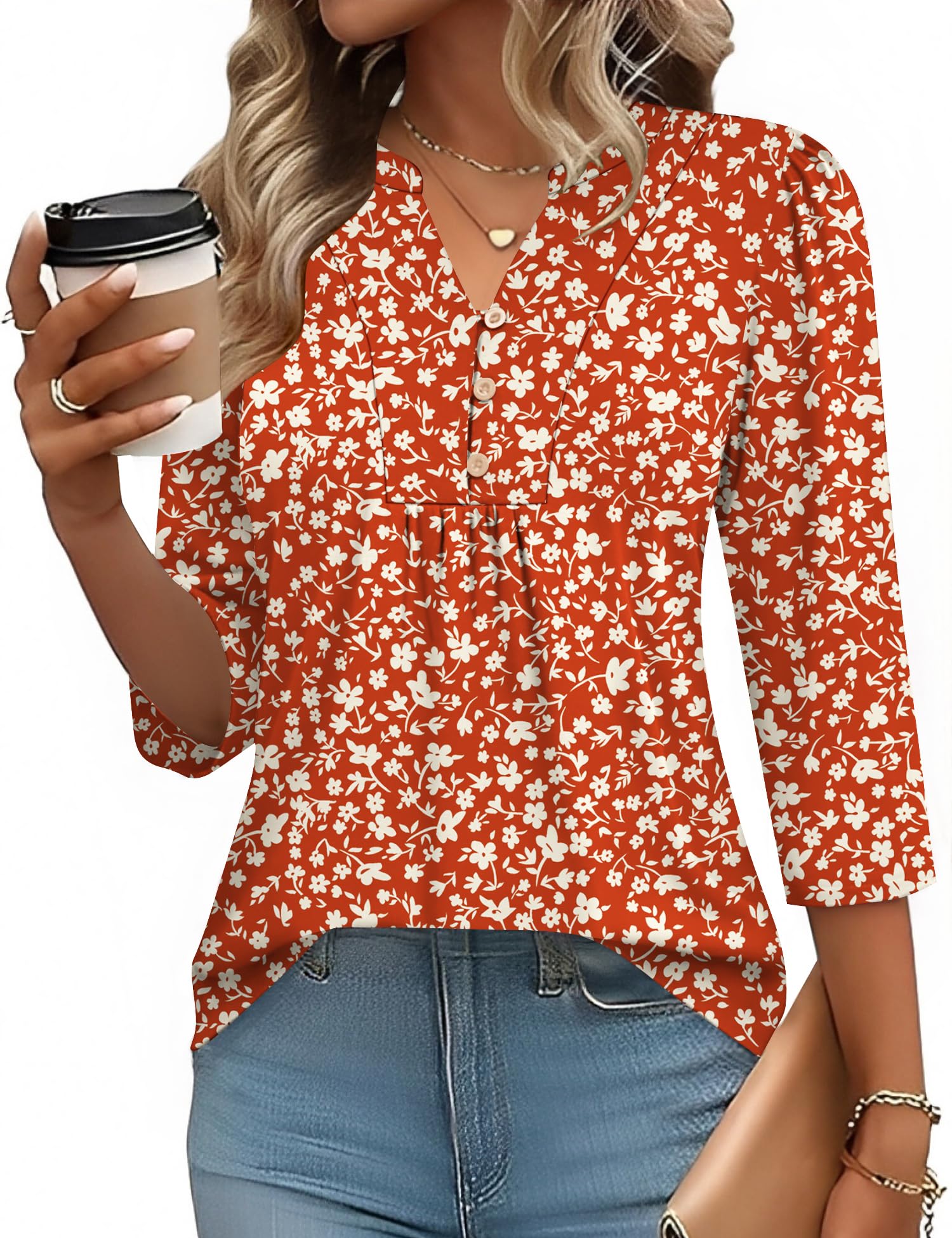 IECCP Bluse Damen 3/4 Arm Shirt V-Ausschnitt Tunika Sommer Tops Lässig Oberteil Elegant T-Shirt Mit Knopfleiste