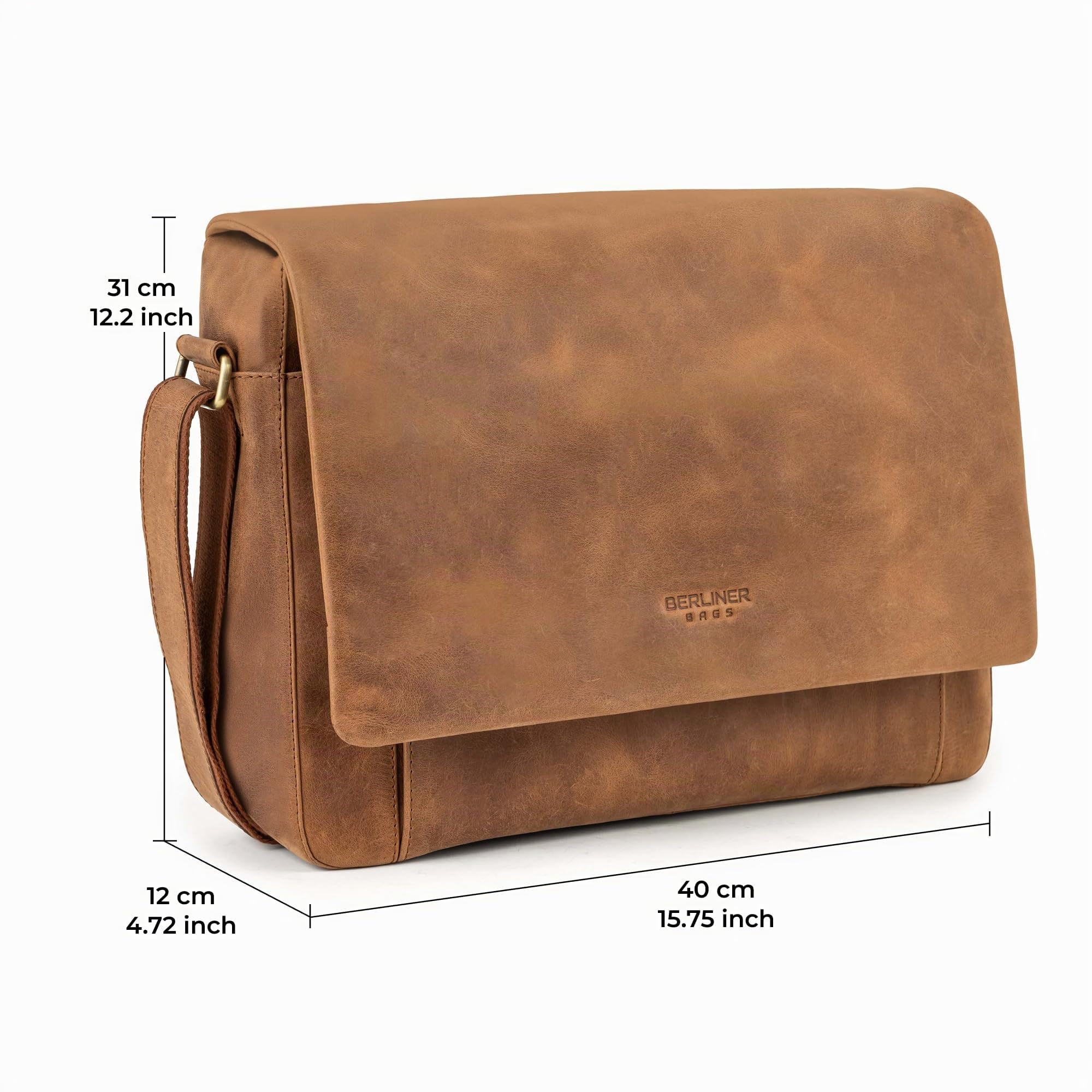 Berliner Bags Umhängetasche P-Berg Vintage, Messenger Bag aus Leder - Braun | Arbeitstasche & Umhängetasche für Herren, 17 Zoll Laptopfach & RFID-Schutz, verstellbarer Schulterriemen aus Echtleder