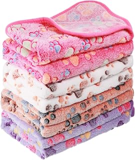 Tatuo 4 Pack Paw Print Fleece Pet Blankets for Dogs Cats Puppies Guinea Pigs - Soft Coral Velvet Small 24x16 Inch Washable (White Coffee Pink Purple)