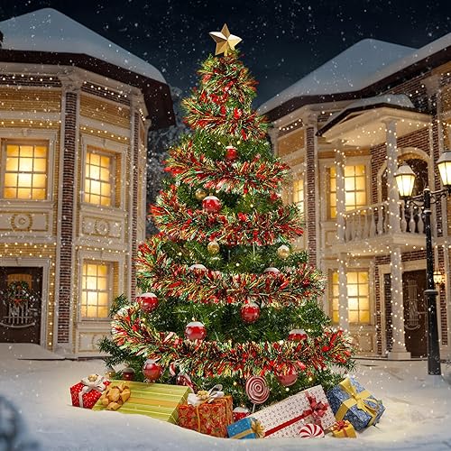 Miniatura 3 de Poen Guirnalda de oropel de Navidad de 100 pies para decoración de árbol de Navidad, guirnalda metálica con purpurina para interiores y exteriores,