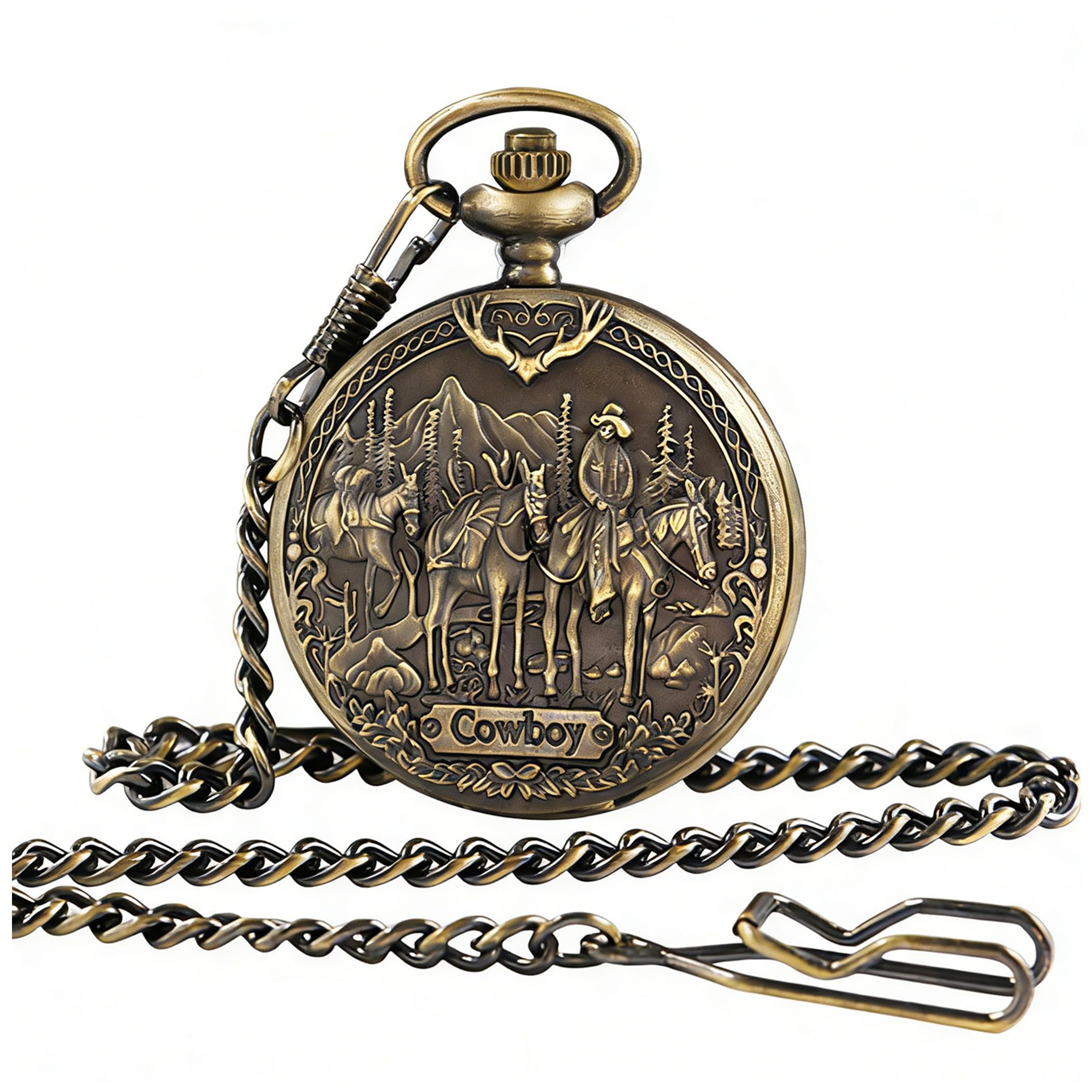 Vintage Pocket Watch Engraved Cowboy Skull Wolf 3D Pattern Arabic Numerals Quartz Pocket Watch with Chain Best Gifts