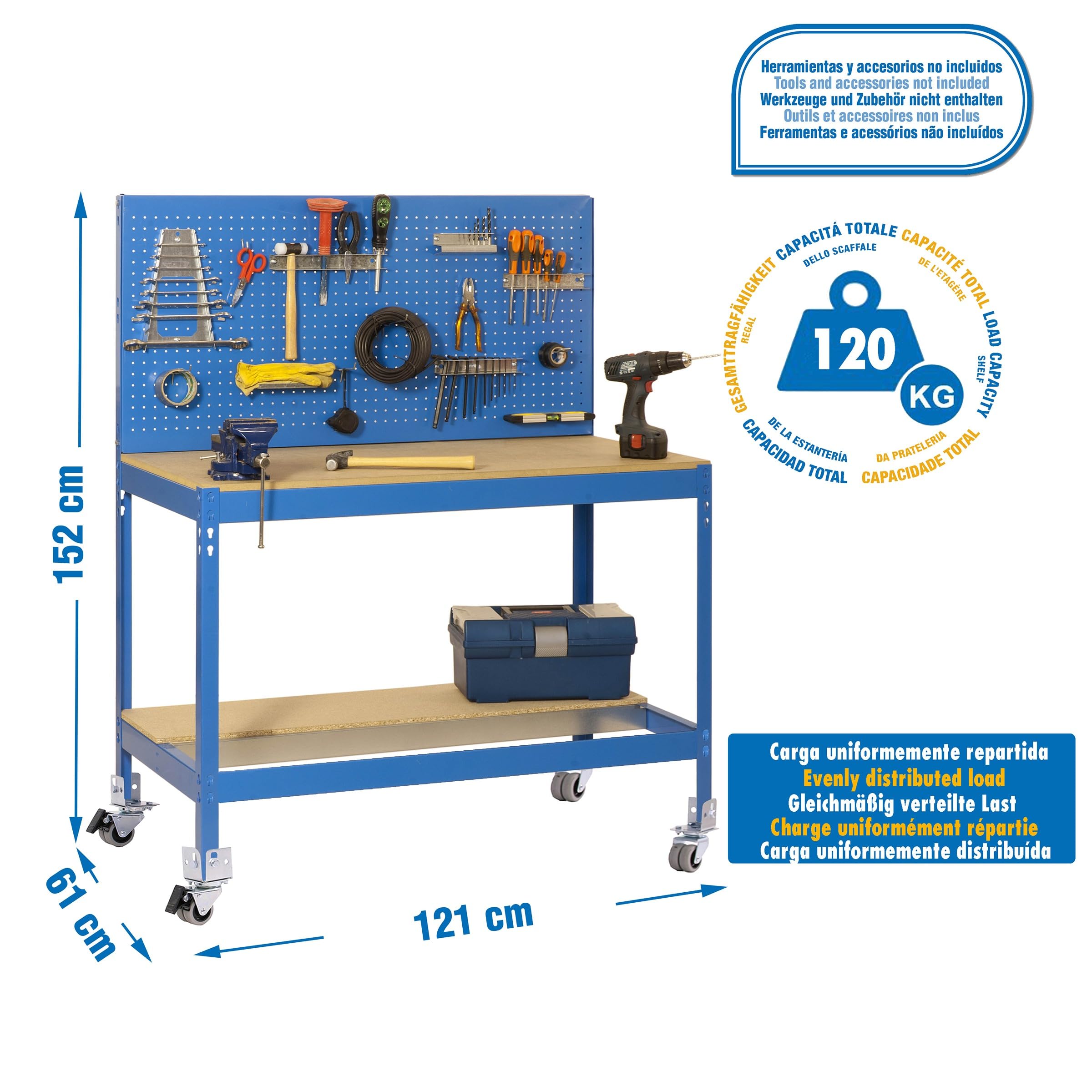 Simon Rack Banco de Trabajo Taller con Ruedas 1210x610 mm - BT2 | Panel Perforado, Tablero madera 16 mm, Capacidad Carga 120 kg, Azul , Pintura anticorrosión, Montaje sistema clic