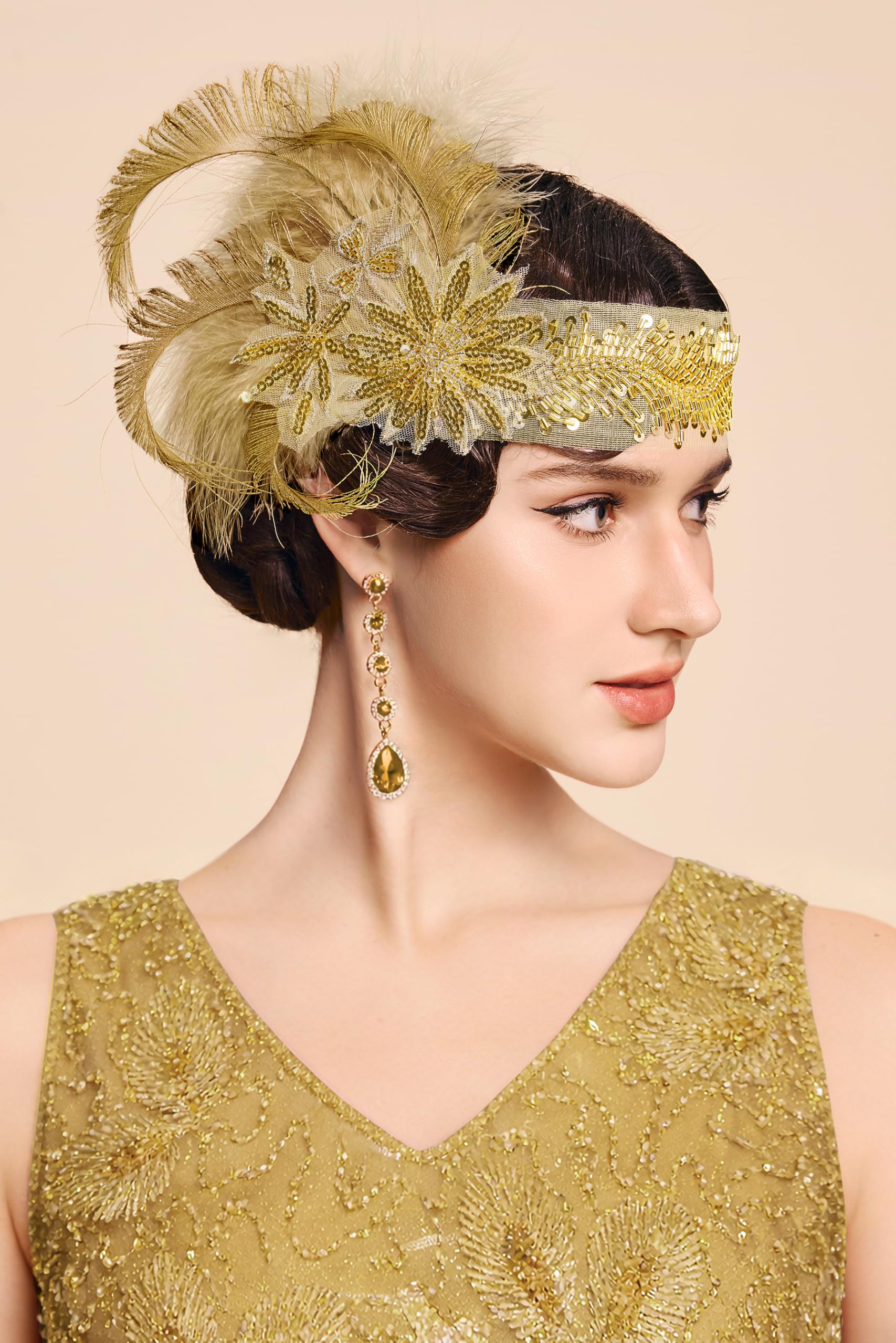 BABEYOND 1920er Jahre Feder-Flapper-Kopfschmuck – Gatsby Perlen-Pailletten-Stirnband, brüllende 20er-Jahre Accessoires für Damen (Gold)