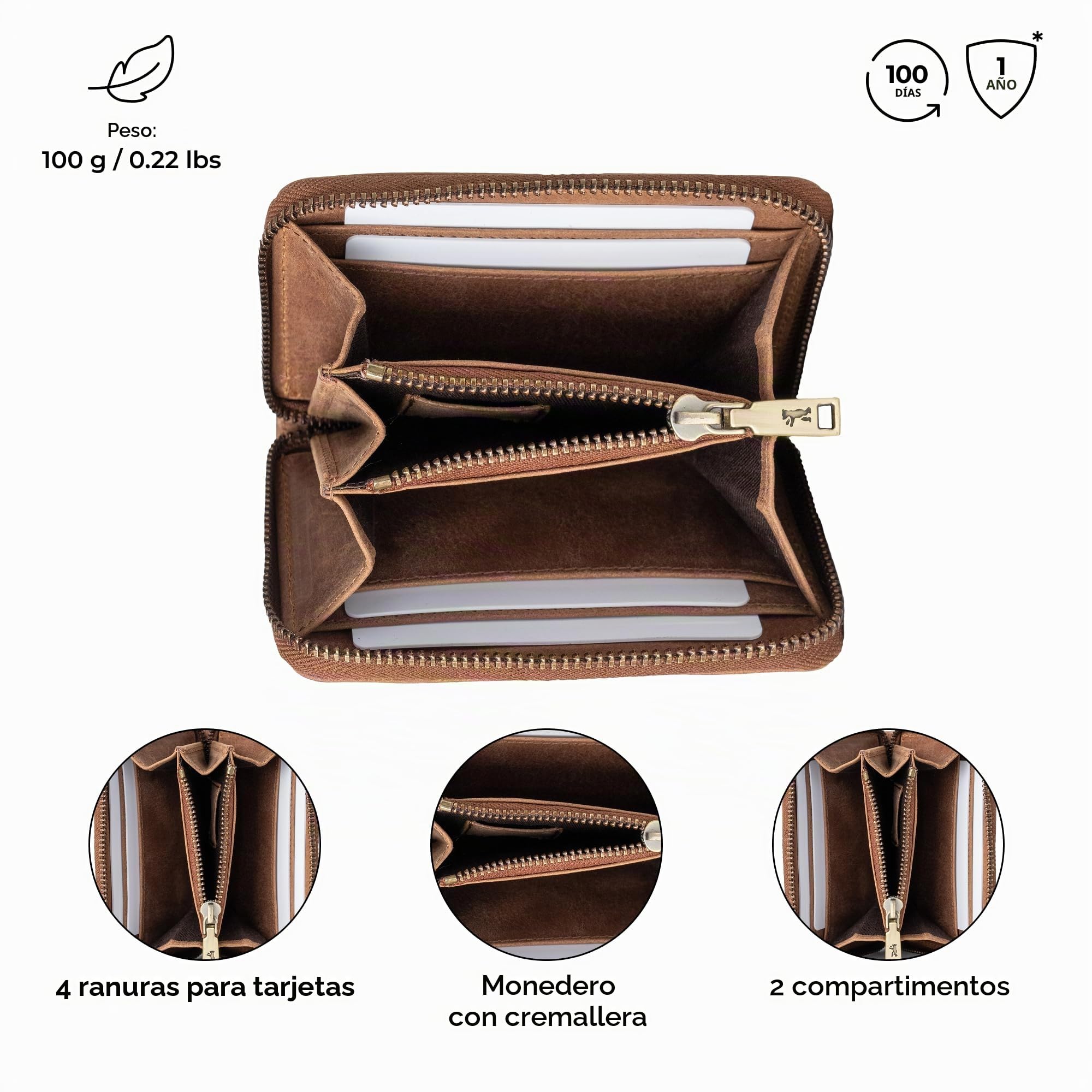 Berliner Bags Elsa Monedero de Piel Pequeño para Mujer con Cremallera YKK | Marrón Billetera De Cuero De Búfalo 8 Tarjetas 4 Compartimentos Con Forro Algodón Protección Nfc Estilo Vintage Elegante
