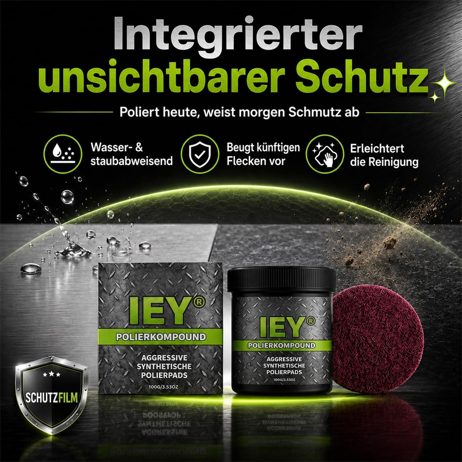 IEY Polierpaste Auto & Metall, Professional Polishing Compound mit Pad | Universal Polierpaste Auto Kratzer Entfernen, Politur für Scheinwerfer, Kunststoff, Holz & Epoxidharz (100g)，2 Stk