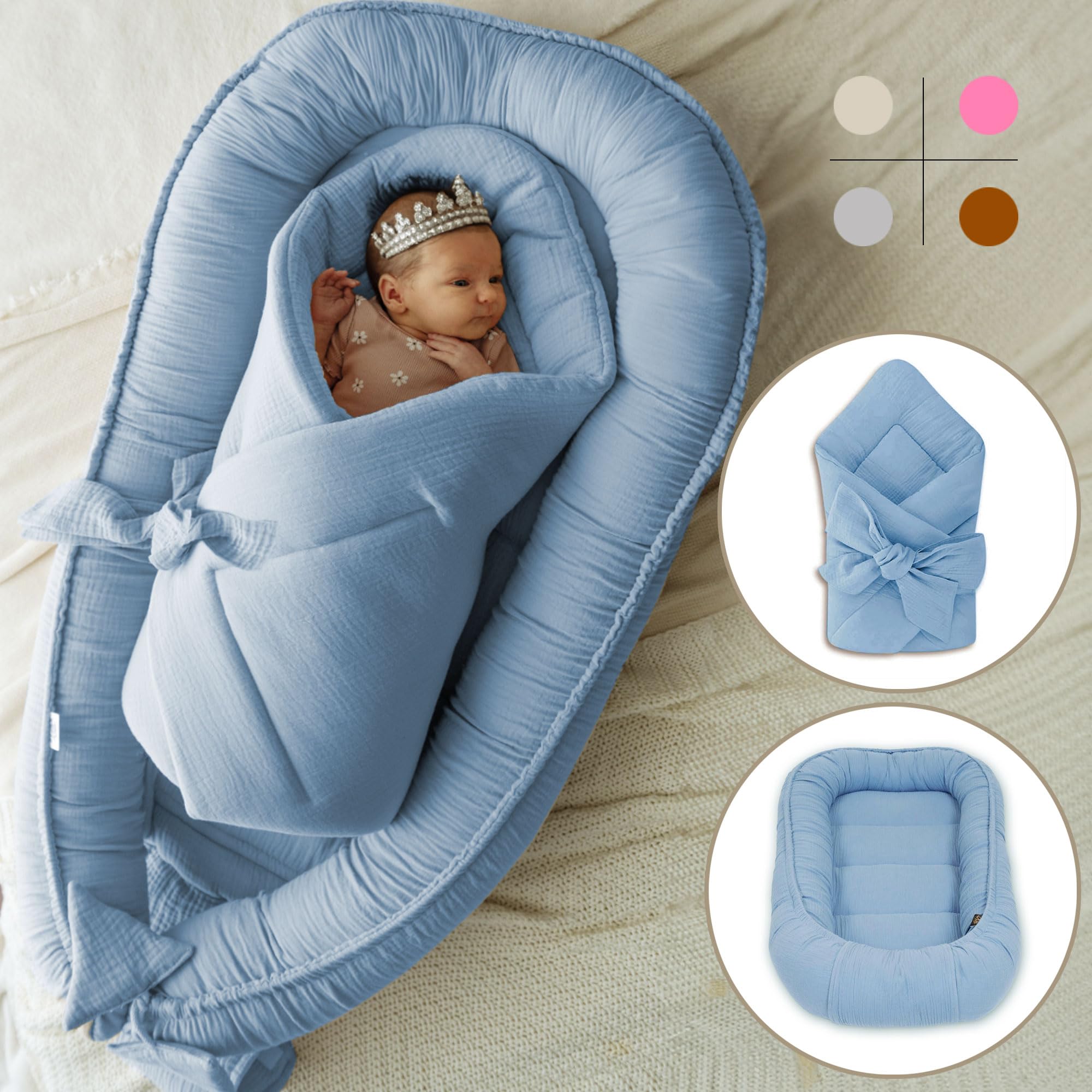 PaLulli Set 2 in 1 per neonati e coperta, 100% mussola, paracolpi per bambini, paracolpi per neonati, nido per bambini (blu)