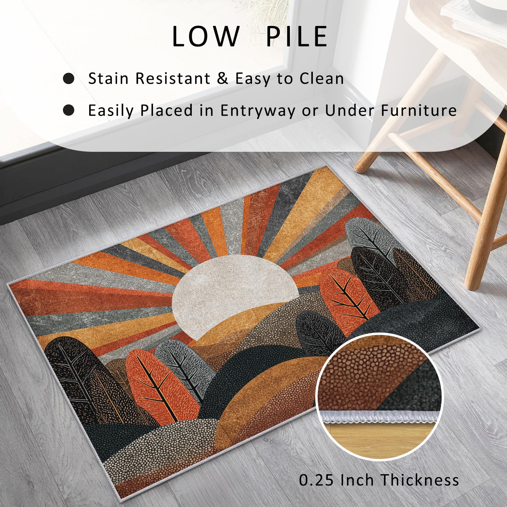 Generisch Boho Teppich 160 x 230 cm Wohnzimmer Mit Sonne Berg Baum Muster, Boho Bettvorleger Schlafzimmer Deko, Waschbar Teppiche Gegend Kurzflor rutschfest,j1d528