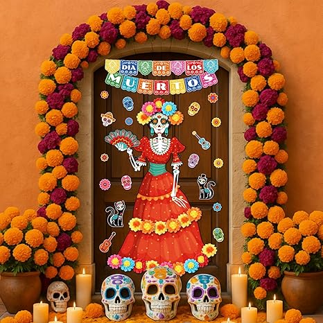Pasimy Day of The Dead Bulletin Board Set Colorful Sugar Skull Classroom Decorations Mexican Dia De Los Muertos Cutouts with 3D Paper Flowers for Door Wall Decor Fiesta Halloween Party(Classic)