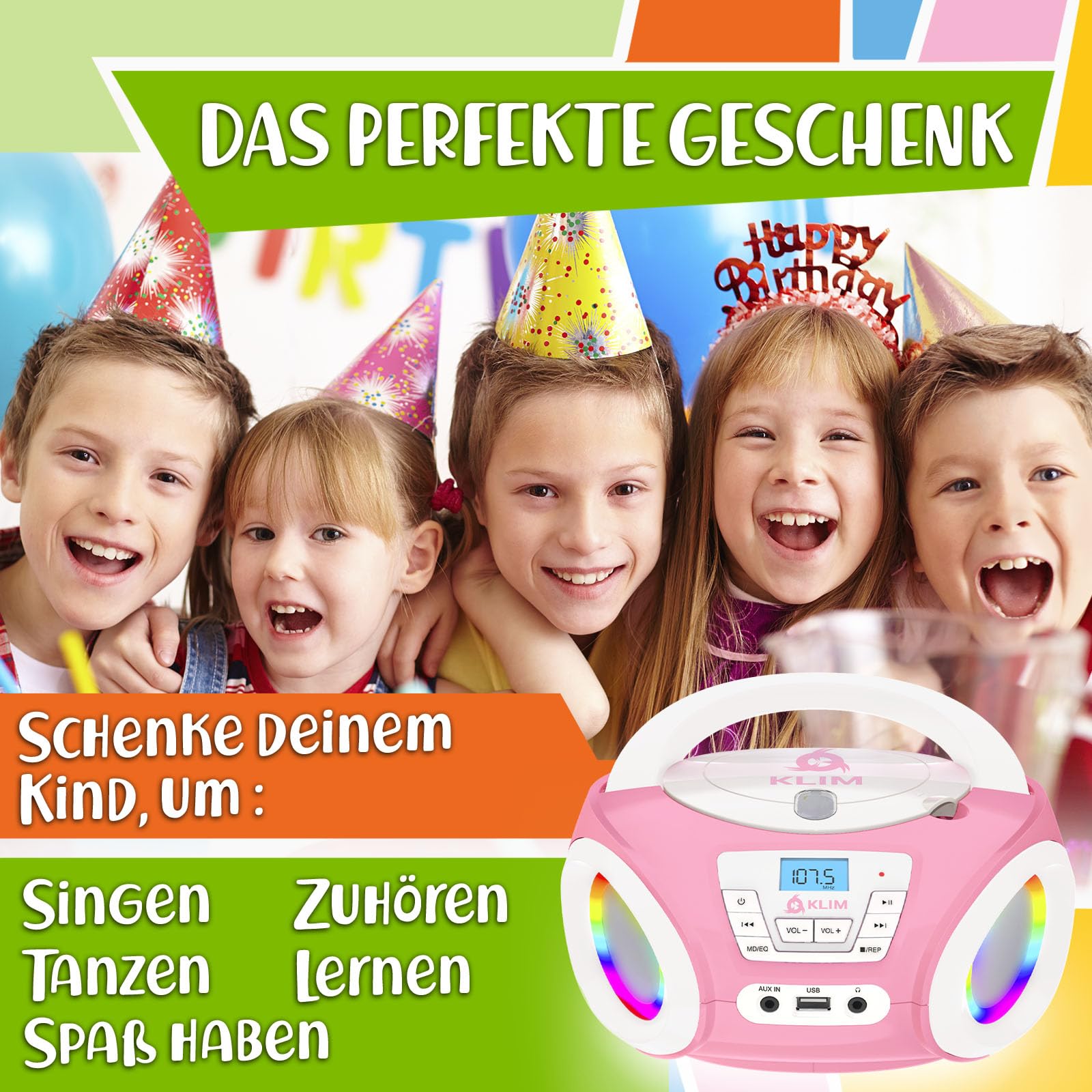 Candy Kids Boombox CD Player für Kinder mit UKW Radio und Lautsprechern | Mit fröhlicher Discofunktion inklusive Batterien und Netzkabel für Kleinkinder, Rose