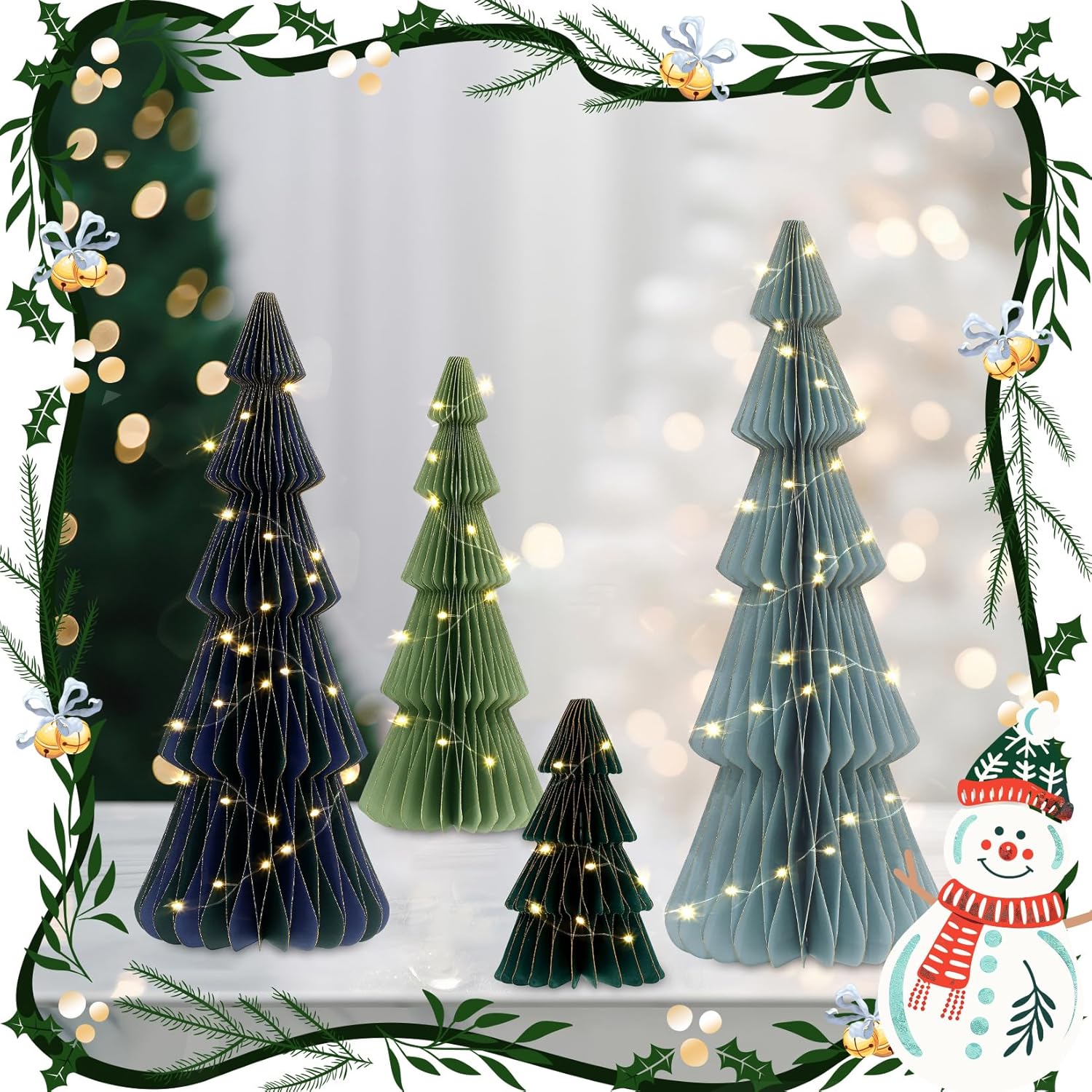 4 Pcs Paper Christmas Tree Decor with LED Light Strings, 3D Gold Glitter Edges Honeycomb Trees Table Centerpiece for Modern Christmas Mantel Decorations Home Xmas Holiday Party Decorations