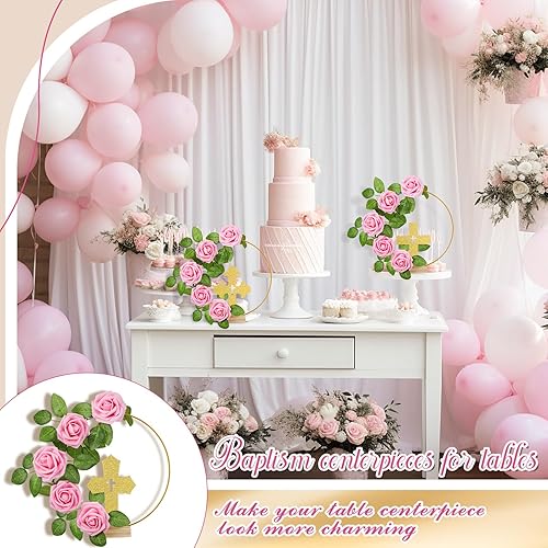 Miniatura 10 de Wesiti 48 piezas de centro de mesa de bautismo, decoración de bautismo para mesa, 12 cruces de madera, 12 centros de mesa de aro floral de metal con