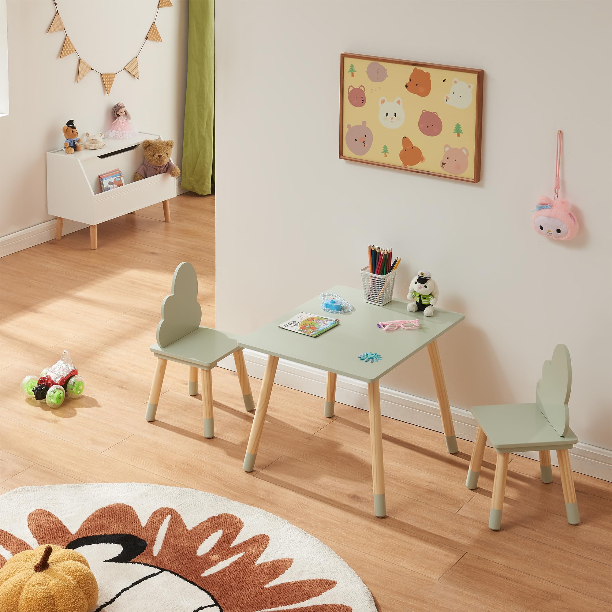 [en.casa] Set di 3 Mobili per Bambini Tavolino e 2 Sedie con Schienale a Forma di Nuvola per Cameretta Area Gioco Tavolo Rettangolare a Misura di Bimbi - Verde Menta/Naturale
