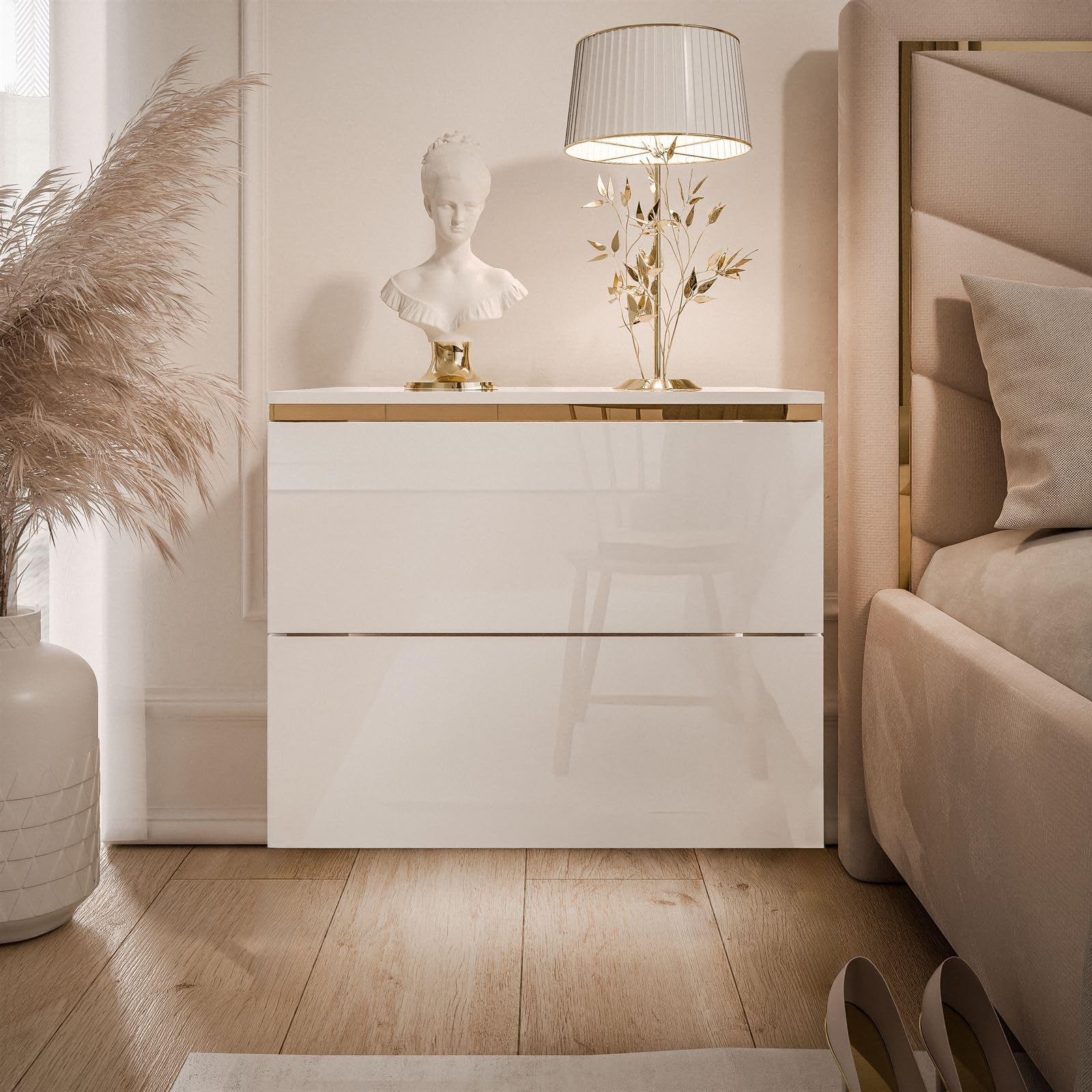 Lookway Nachttisch Aurora II Weiß Hochglanz mit LED Beleuchtung Hängend oder auf Goldenen Beinen Gold Dekorative Leiste Modernes Schlafzimmermöbel (Hängend)