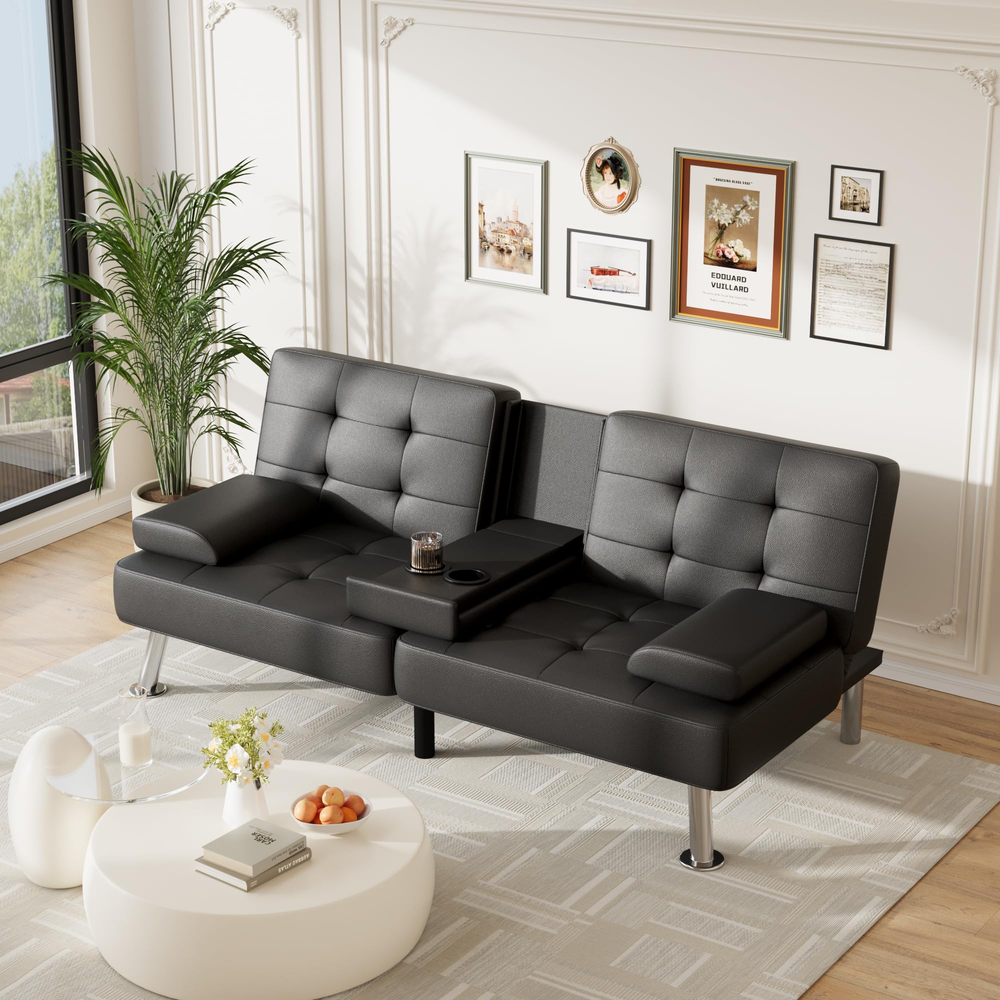 Furmax Leather Futon Sofa Bed, Adjustable Futon Couch for Living Room | Sleeper Sofa Bed with 2 Cup Holders, Reclining Futon Loveseat for Apartment, Business Office & Small Spaces | Black