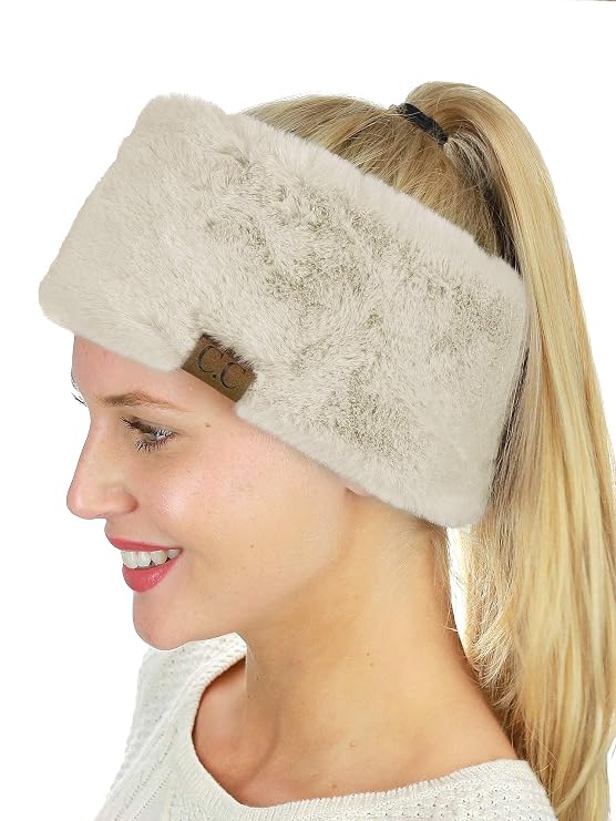 C.C Women's Soft Faux Fur Feel Sherpa Lined Ear Warmer Headband Headwrap, Beige
